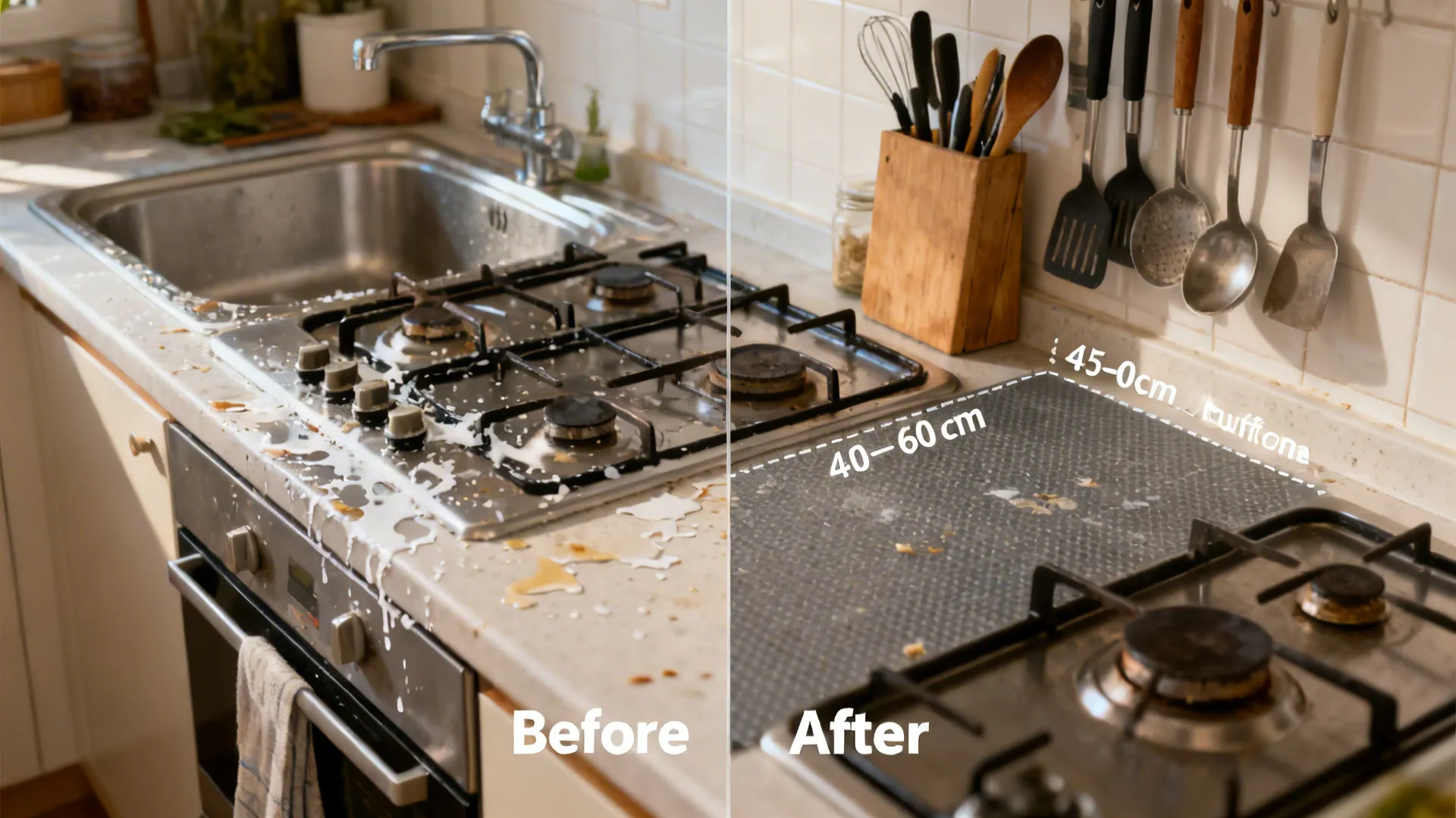 Before-and-after comparison showing added buffer between sink and stove for safety.