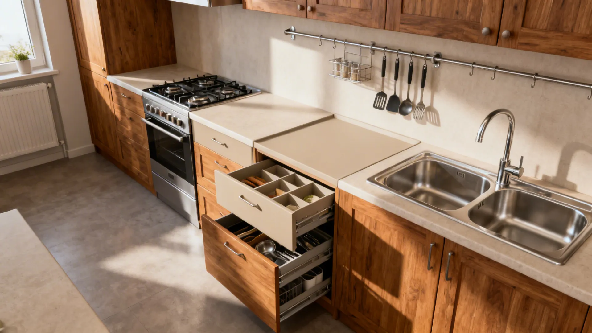 Single-wall kitchen showing a 60 cm prep buffer between stove and sink with organized storage.