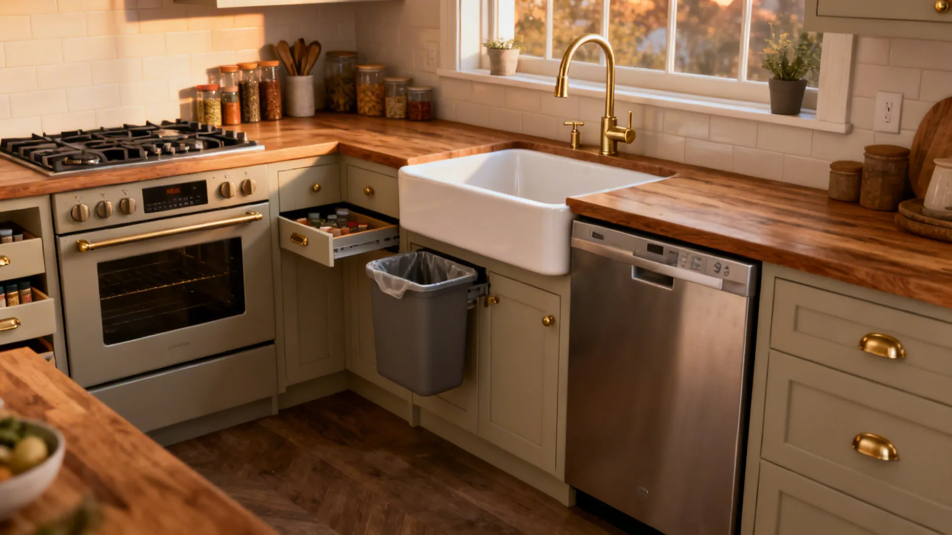 Compact kitchen showing a 9-inch buffer cabinet separating the cooktop from the sink for balanced fire and water zones.