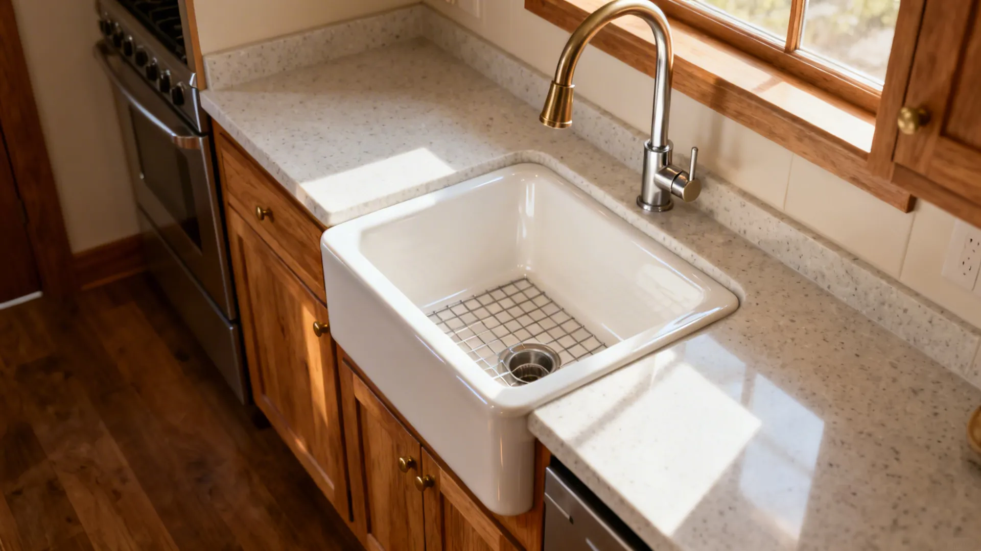 Compact galley with a white fireclay apron-front sink and high-arc pull-down faucet.