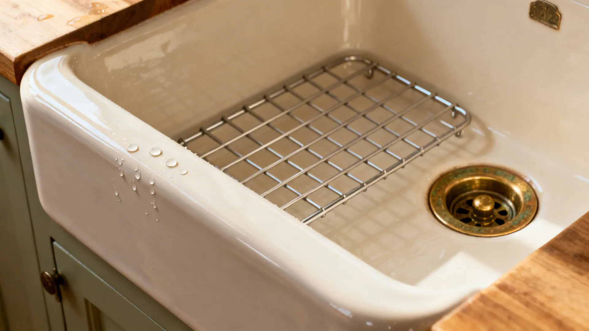 Macro of a fireclay apron-front sink with a smooth glazed edge and protective grid.