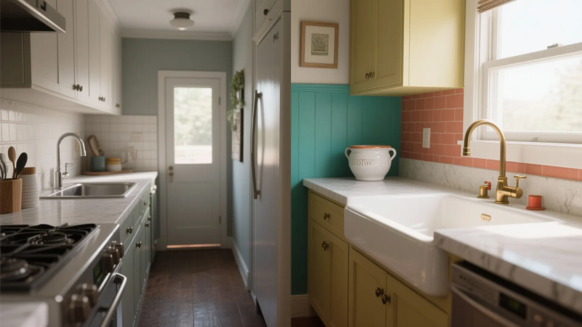 Before-and-after galley kitchen: neutral sink vs white fireclay sink with colored back panel accent.