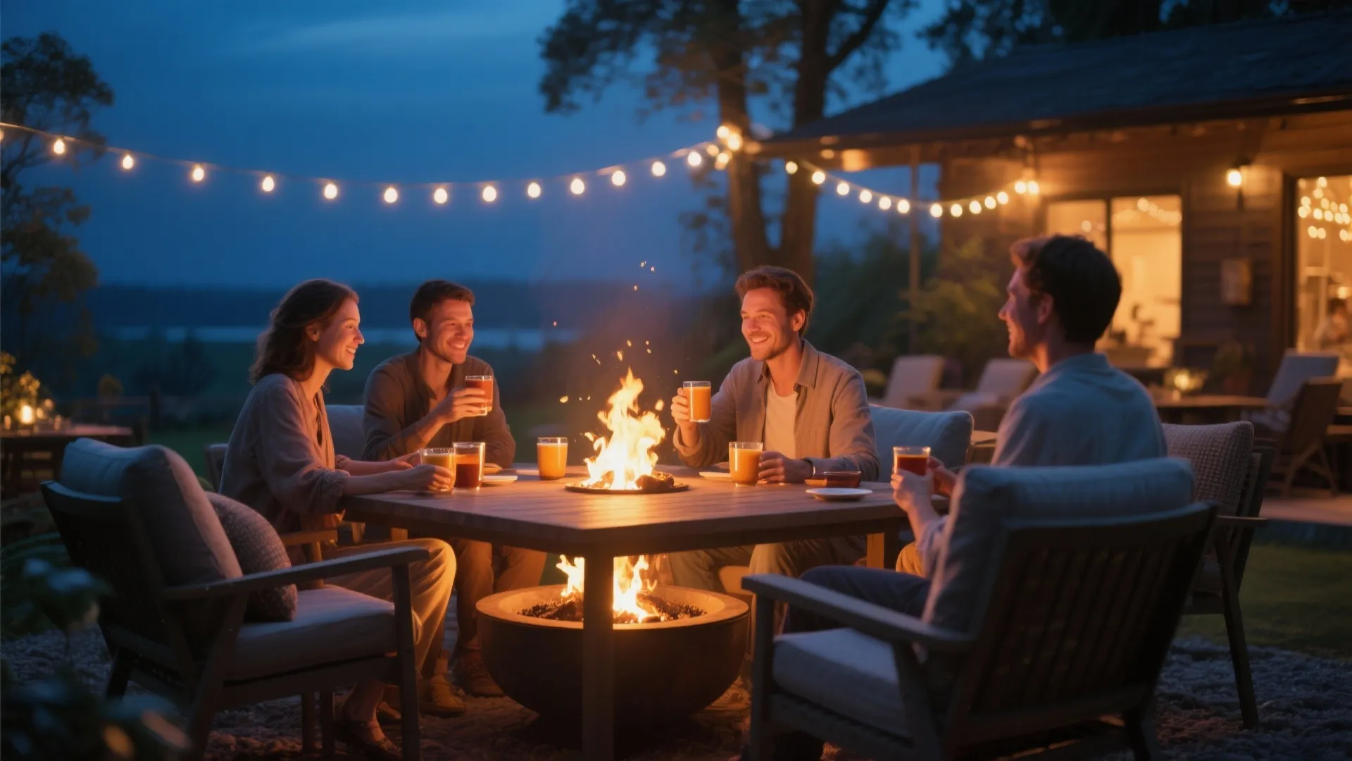 Four friends sitting around a wooden table with fire pit during evening with string lights