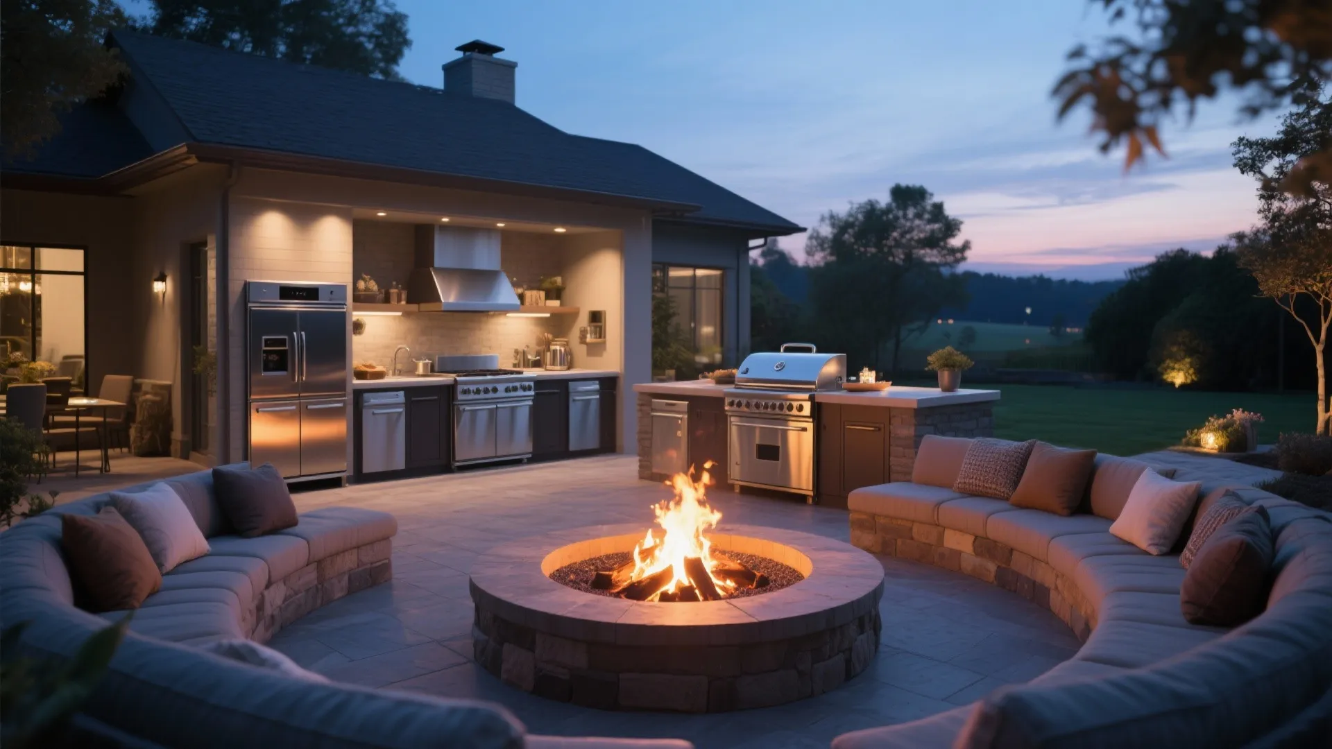 Outdoor kitchen combined with fire pit seating area