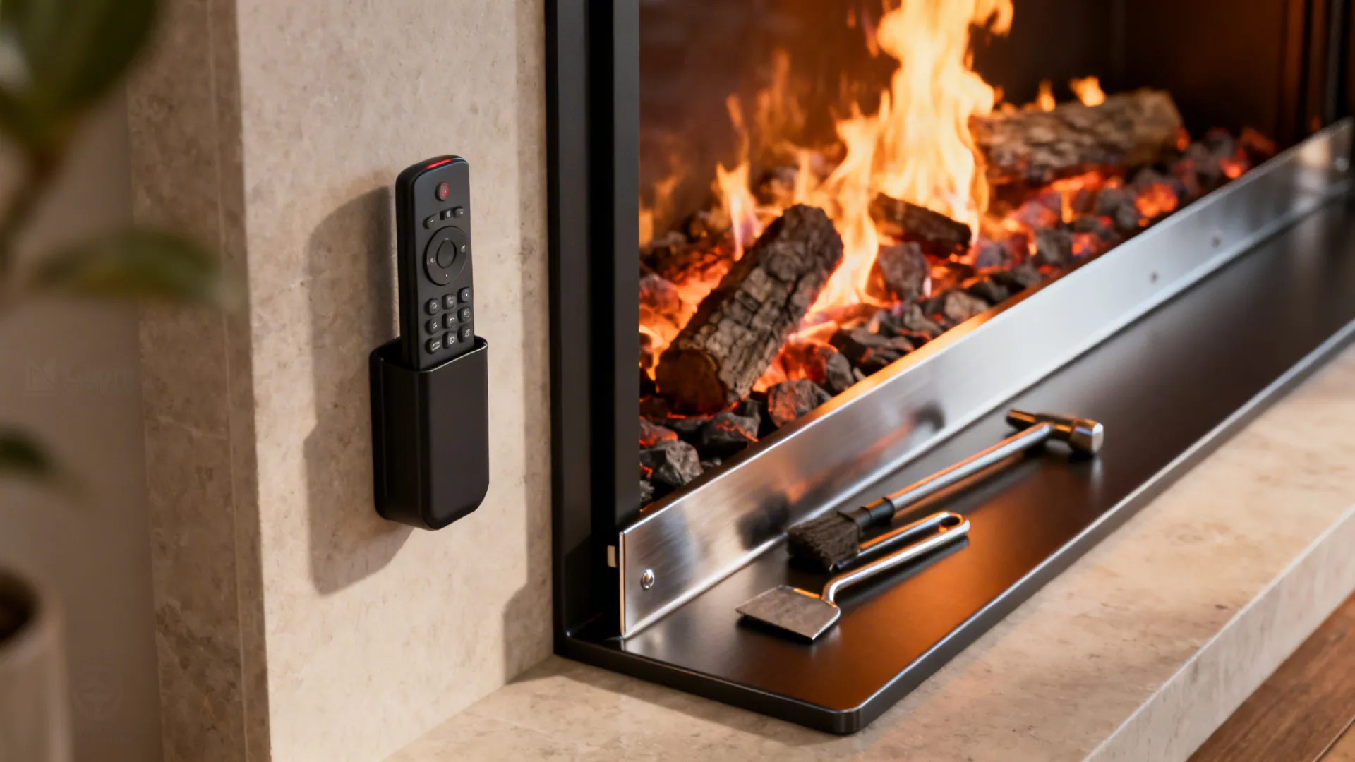 Modern fireplace with burning logs featuring wall mounted remote control plus metal fireplace cleaning tools