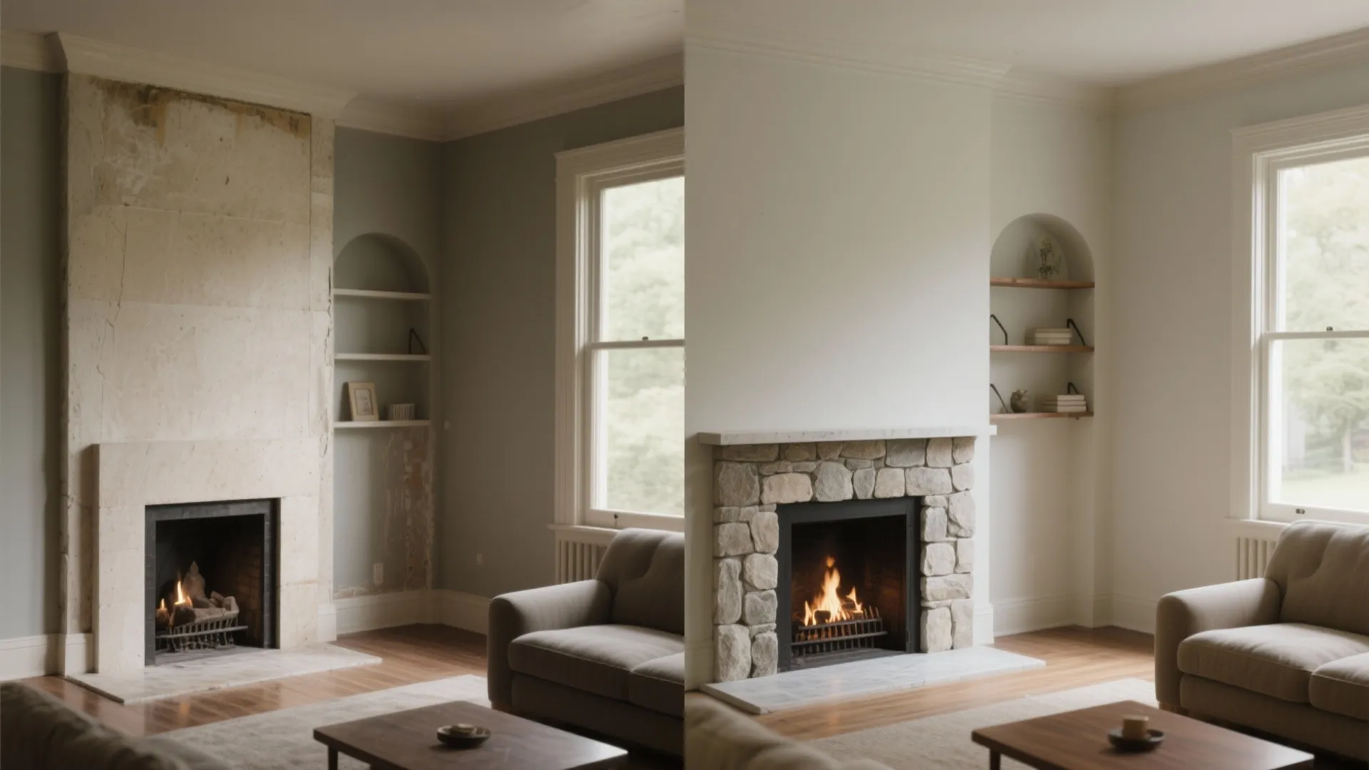 Before and after comparison of stone fireplace renovation in living room with a grey sofa