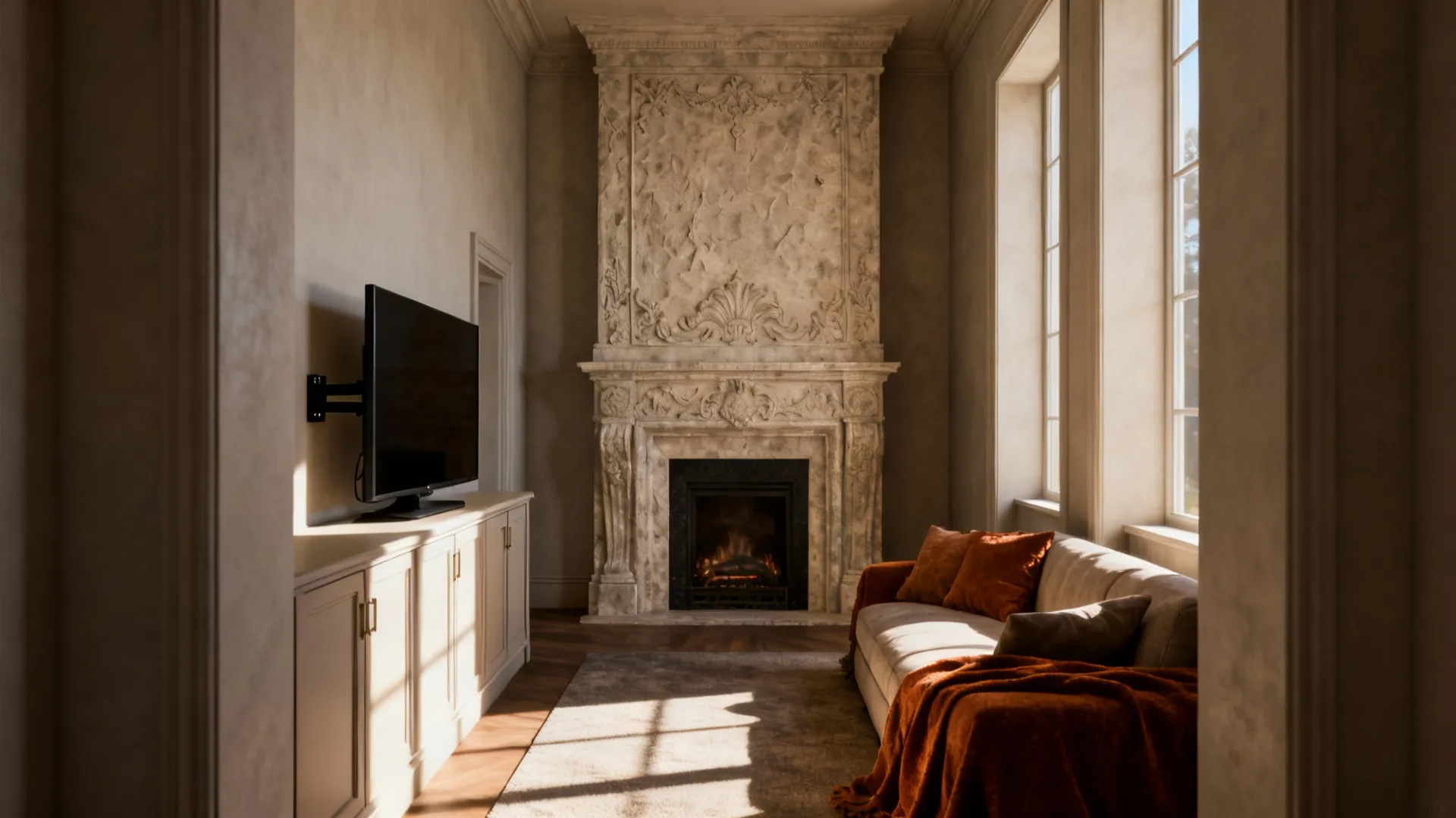 Carved stone fireplace between a white cabinet with television and a sofa with orange pillows