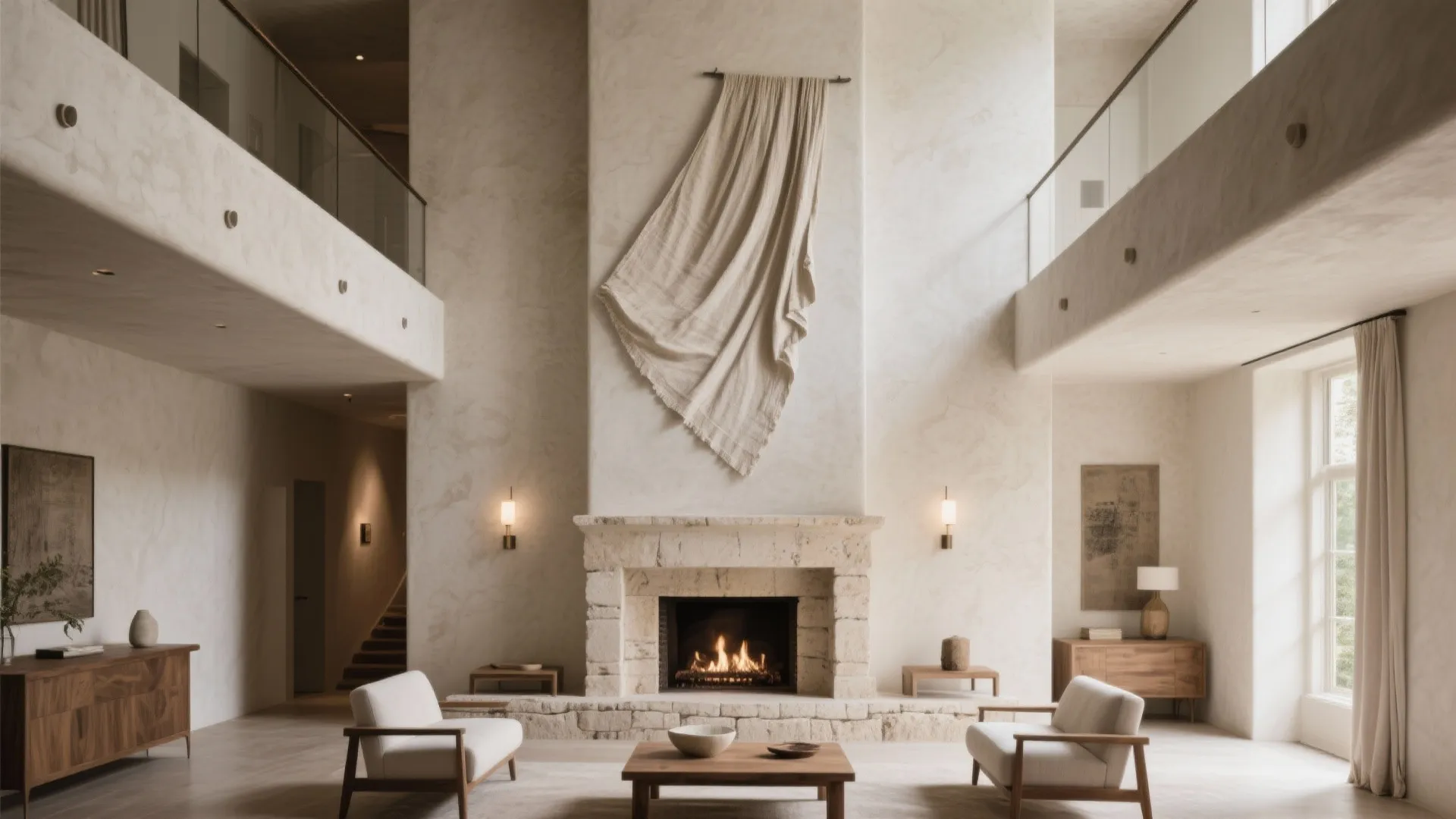 Monumental art and a full-height fireplace surround