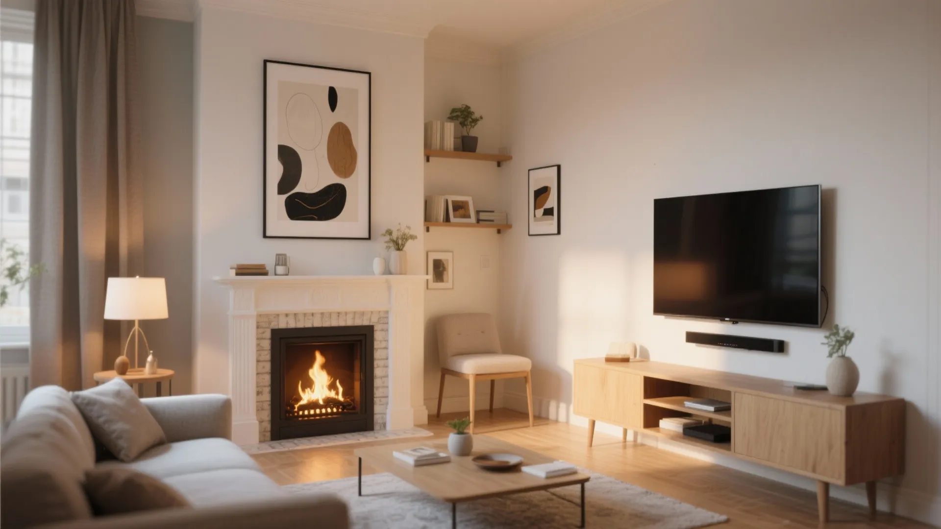 Modern bright living room featuring a white fireplace wall mounted television and wood cabinet furniture