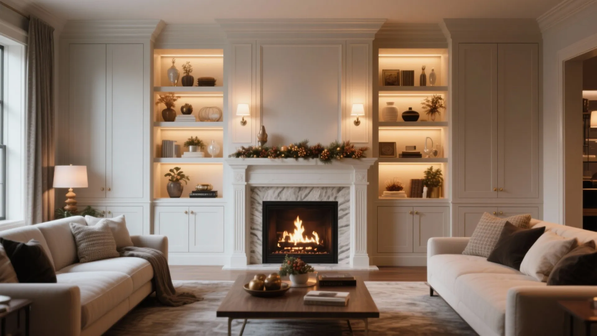 Fireplace with surrounding built-in cabinets