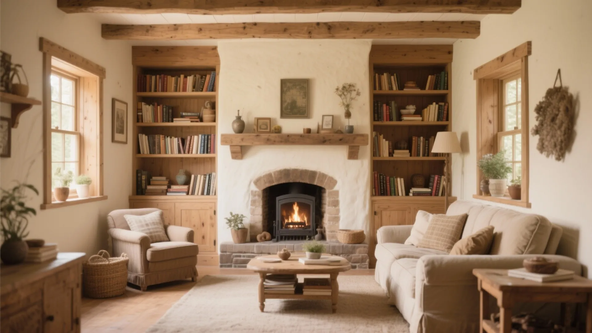 Rustic living room with brick fireplace, wooden bookshelves, beige sofa, coffee table, and wood beams