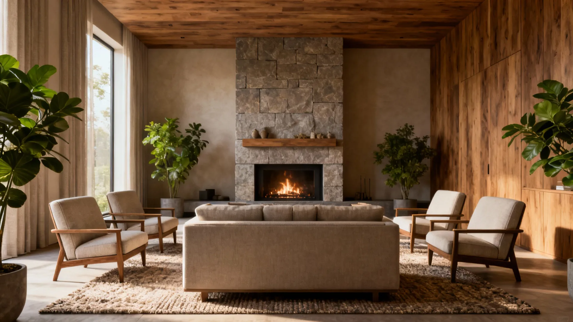 Living room featuring stone fireplace, wood ceiling, beige sofa, four armchairs, rug, and green plants