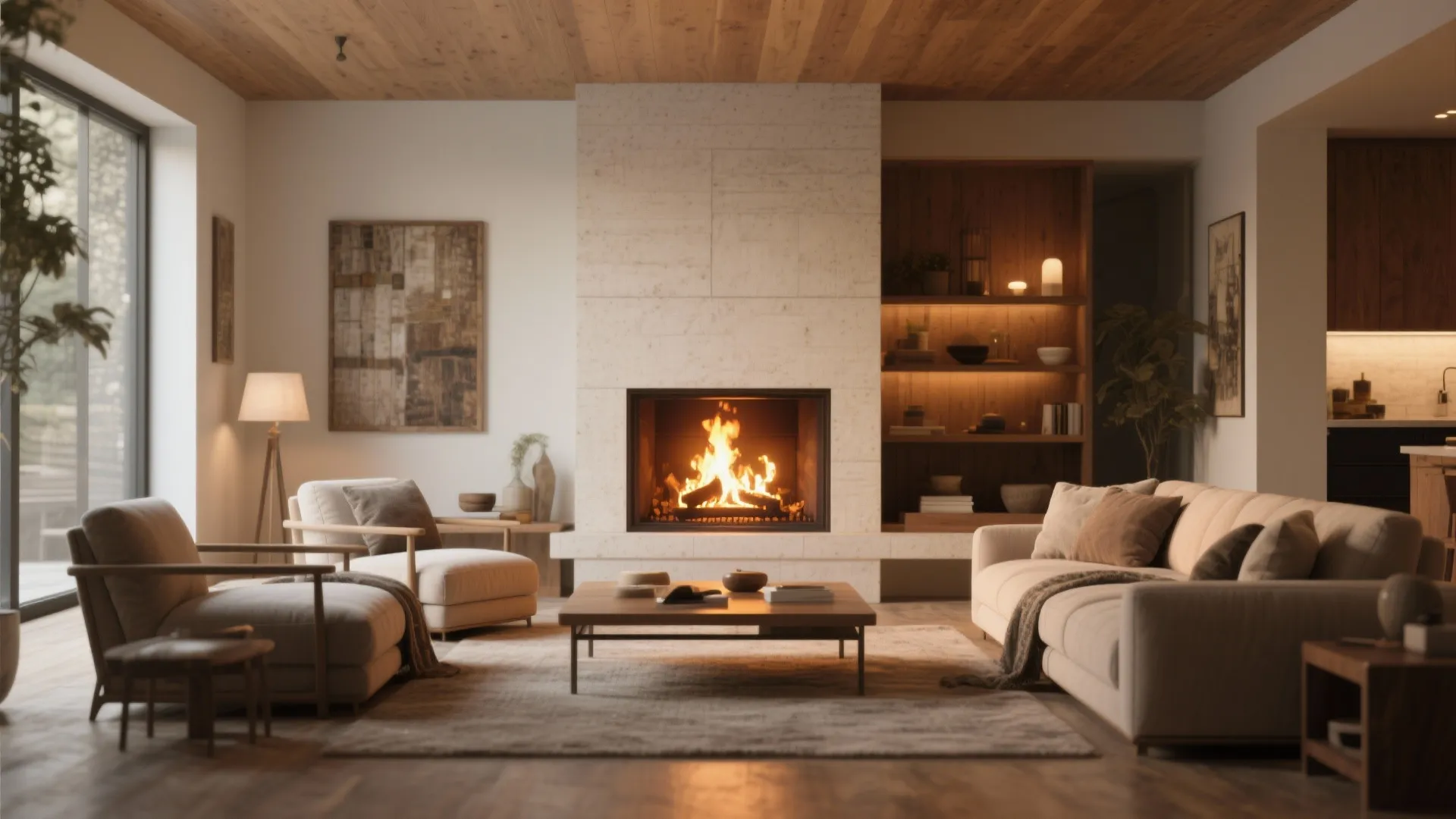 Warm living room with stone fireplace and burning fire plus beige sofas and wooden ceiling