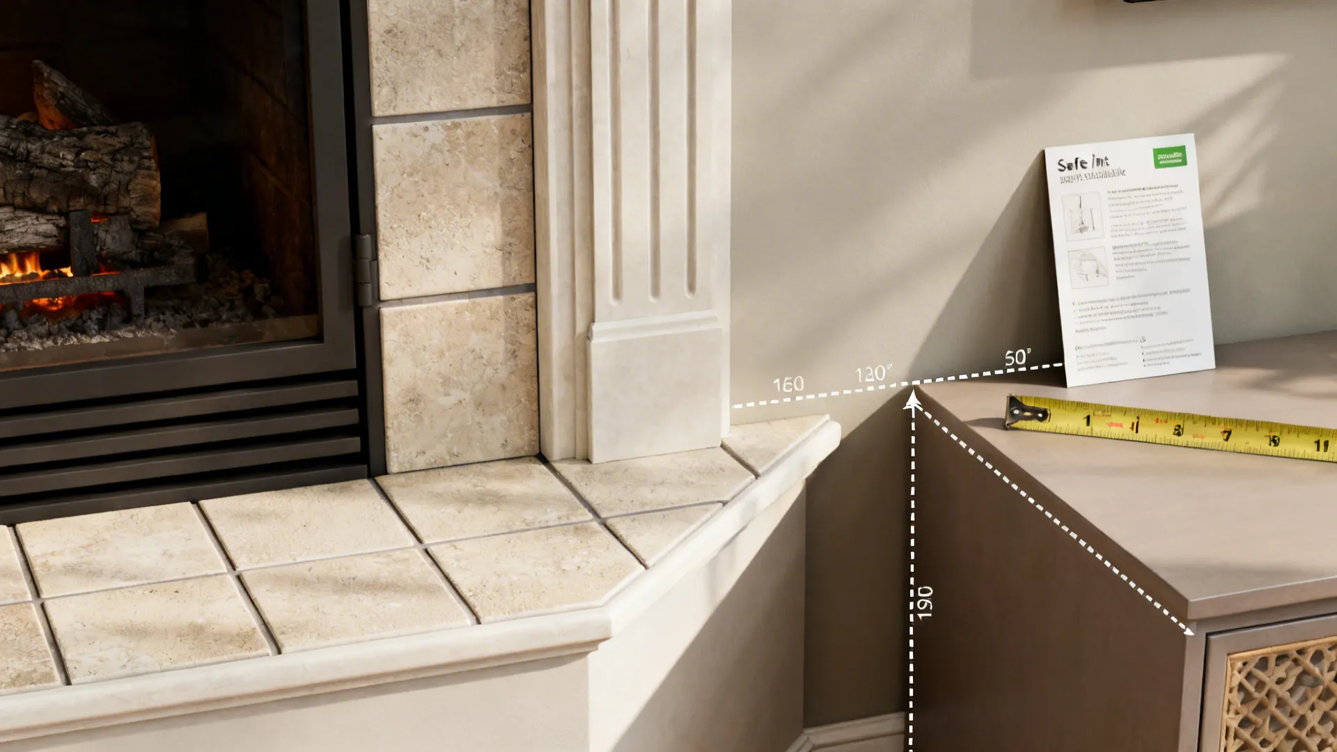Corner fireplace with tile surround and measuring tape illustrating recommended clearance distances.