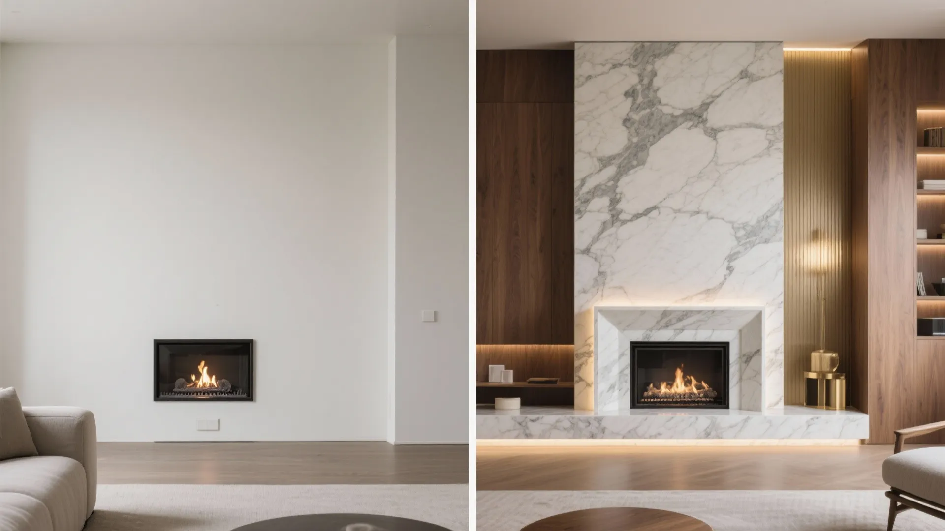 Side by side comparison of simple white fireplace wall and luxury marble fireplace with wood