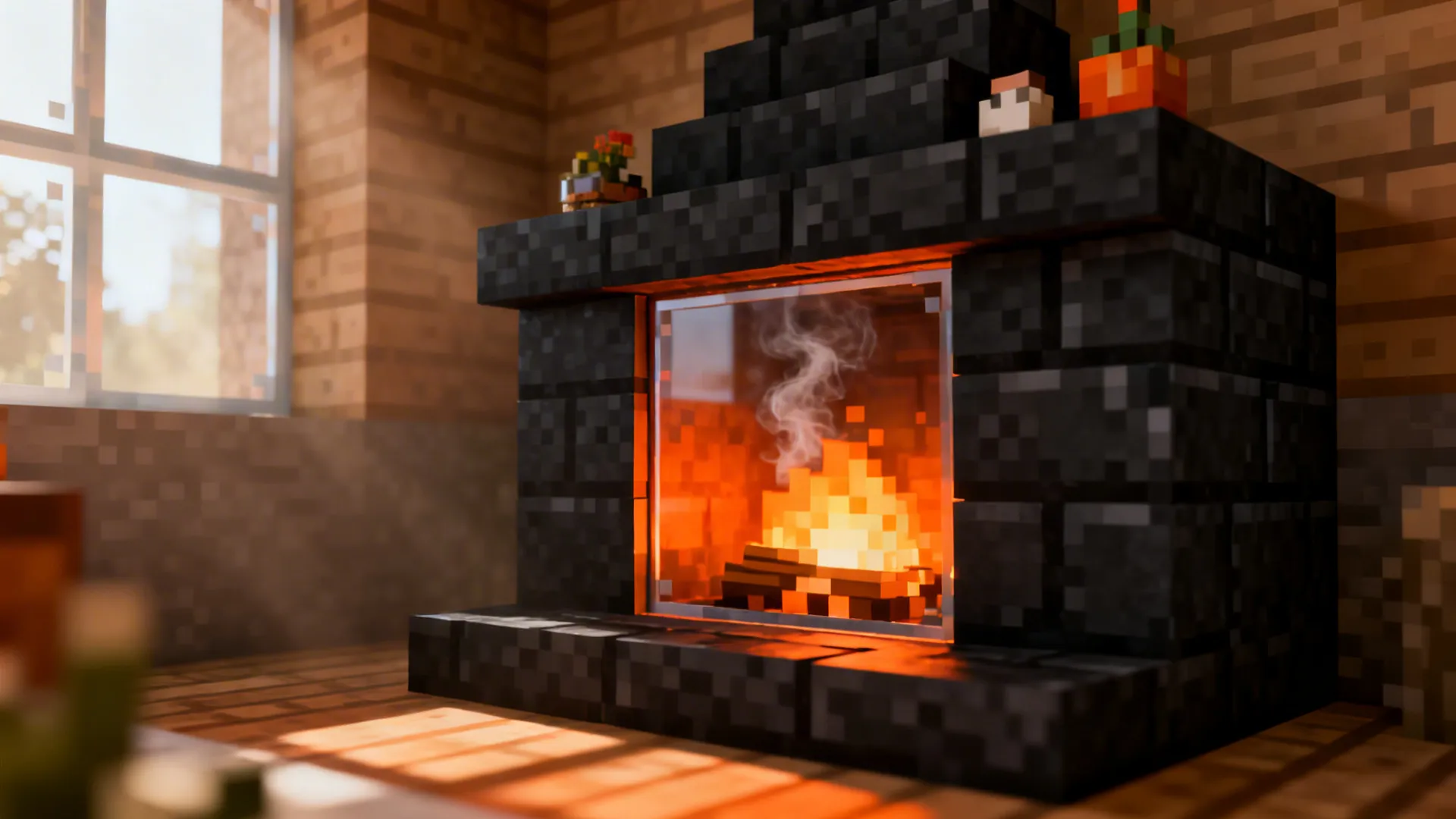Close-up of a blocky fireplace corner with campfire and stone mantel in a Minecraft living room.