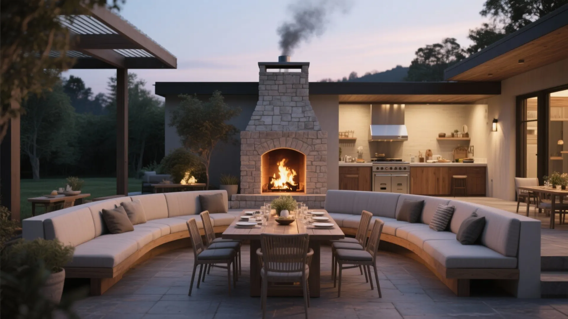 3. Fireplace-Centered Dining with Flexible Seating