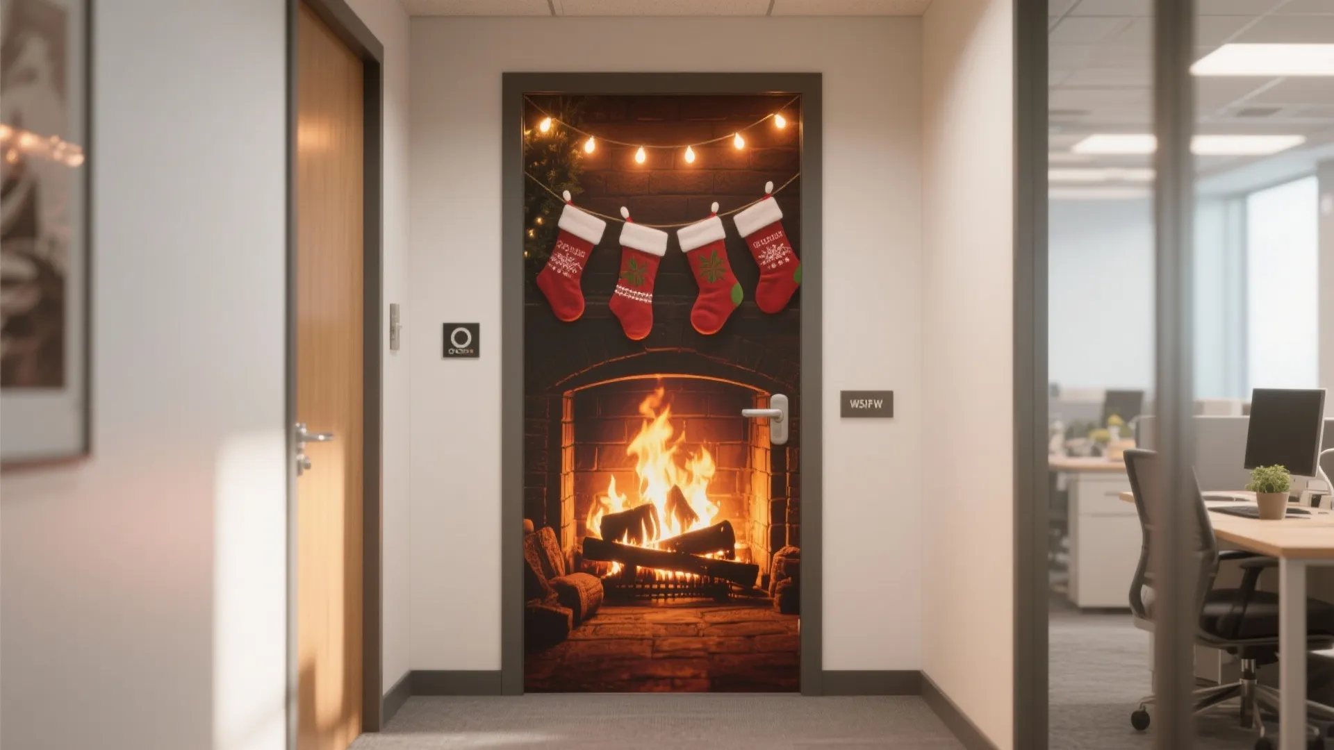 Office door with a fireplace sticker showing burning logs red stockings and festive hanging lights