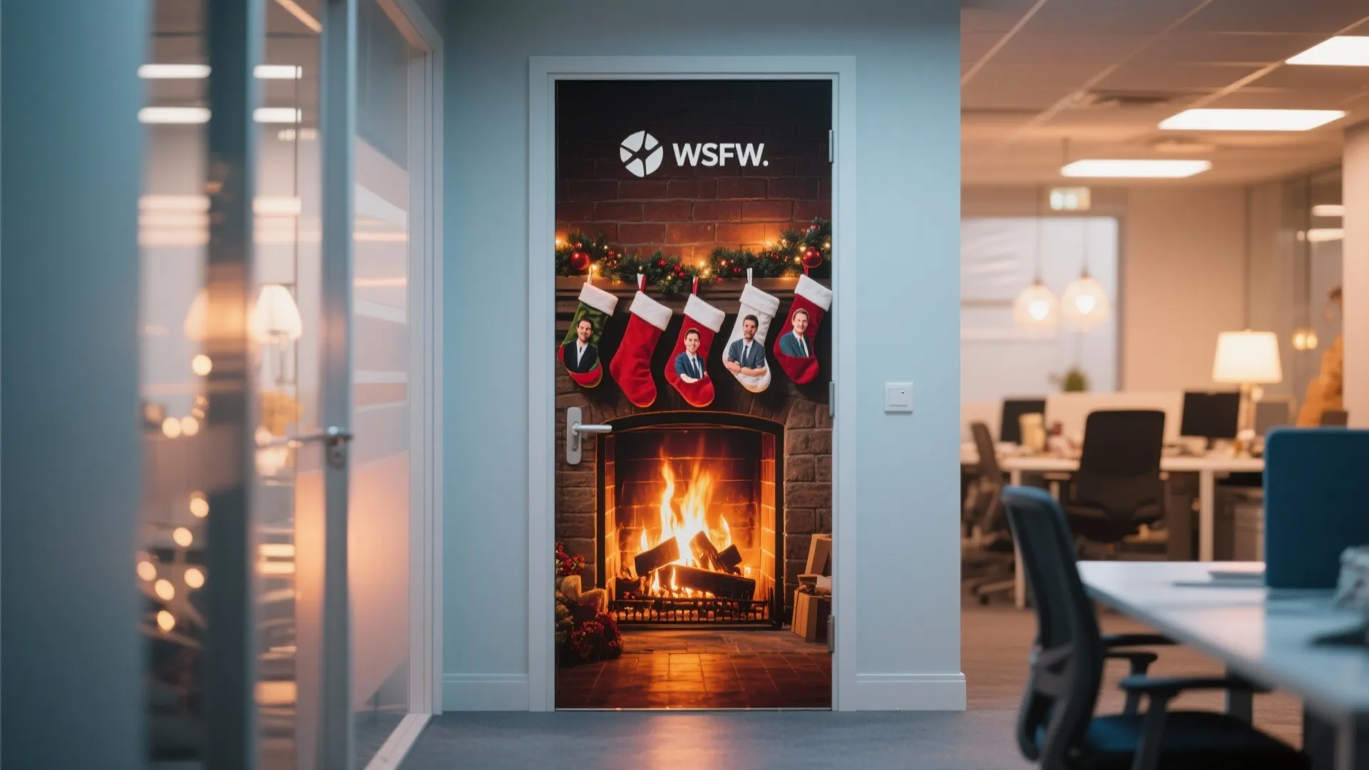 Office door with fireplace sticker showing burning logs and red stockings in a modern workplace