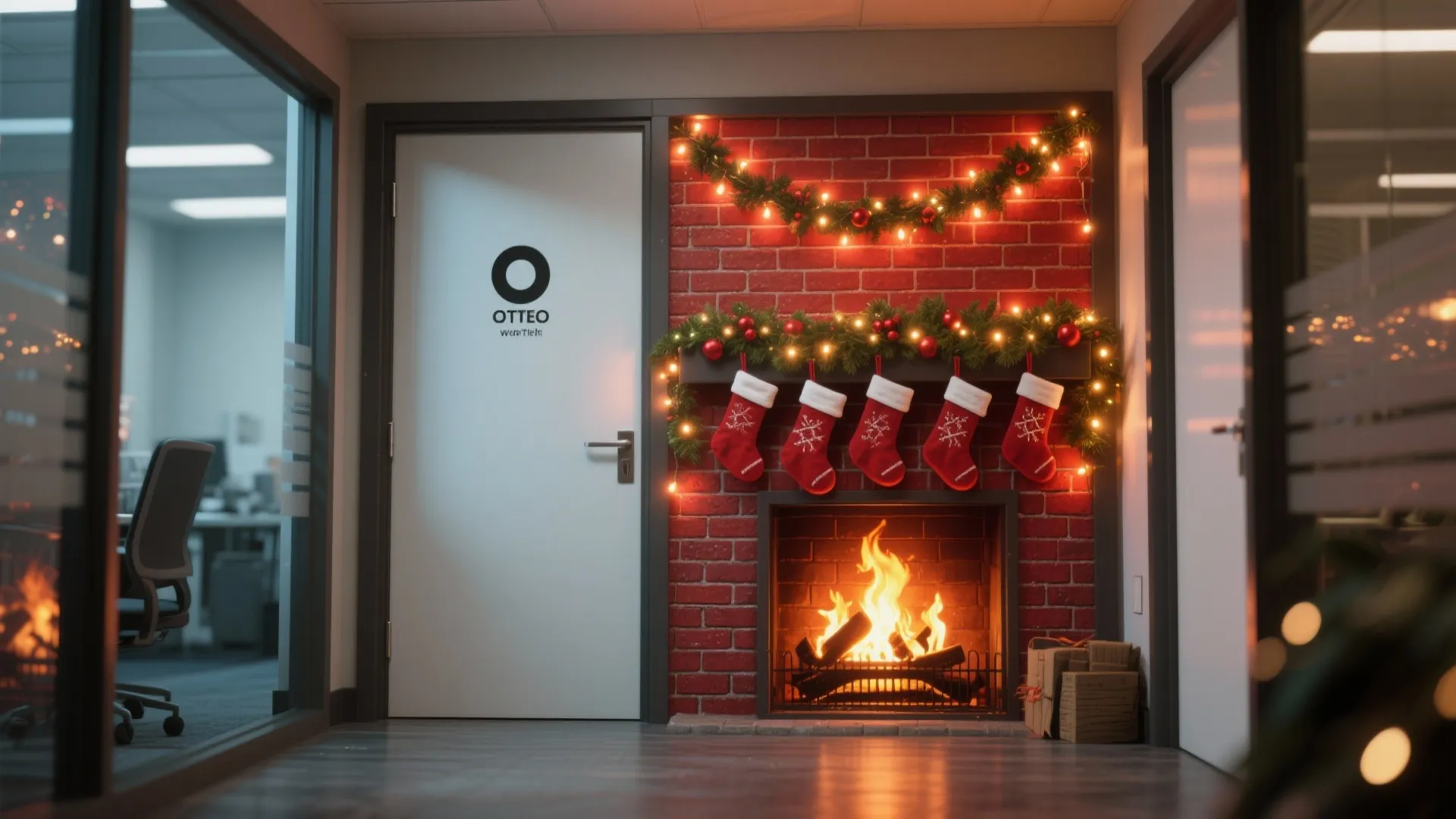 Office hallway with red brick fireplace wall hanging red socks and green garland with lights