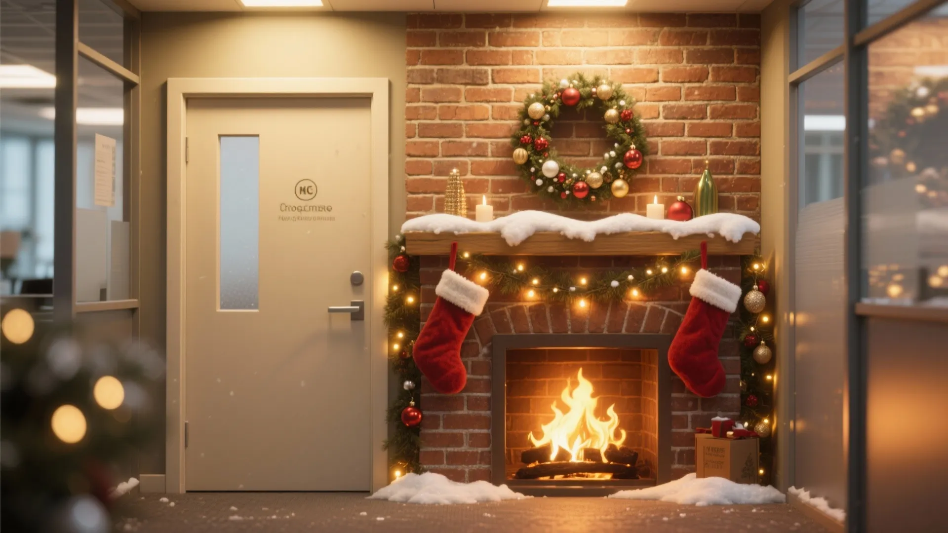 Office interior featuring a brick fireplace wall with Christmas wreath stockings and a plain door
