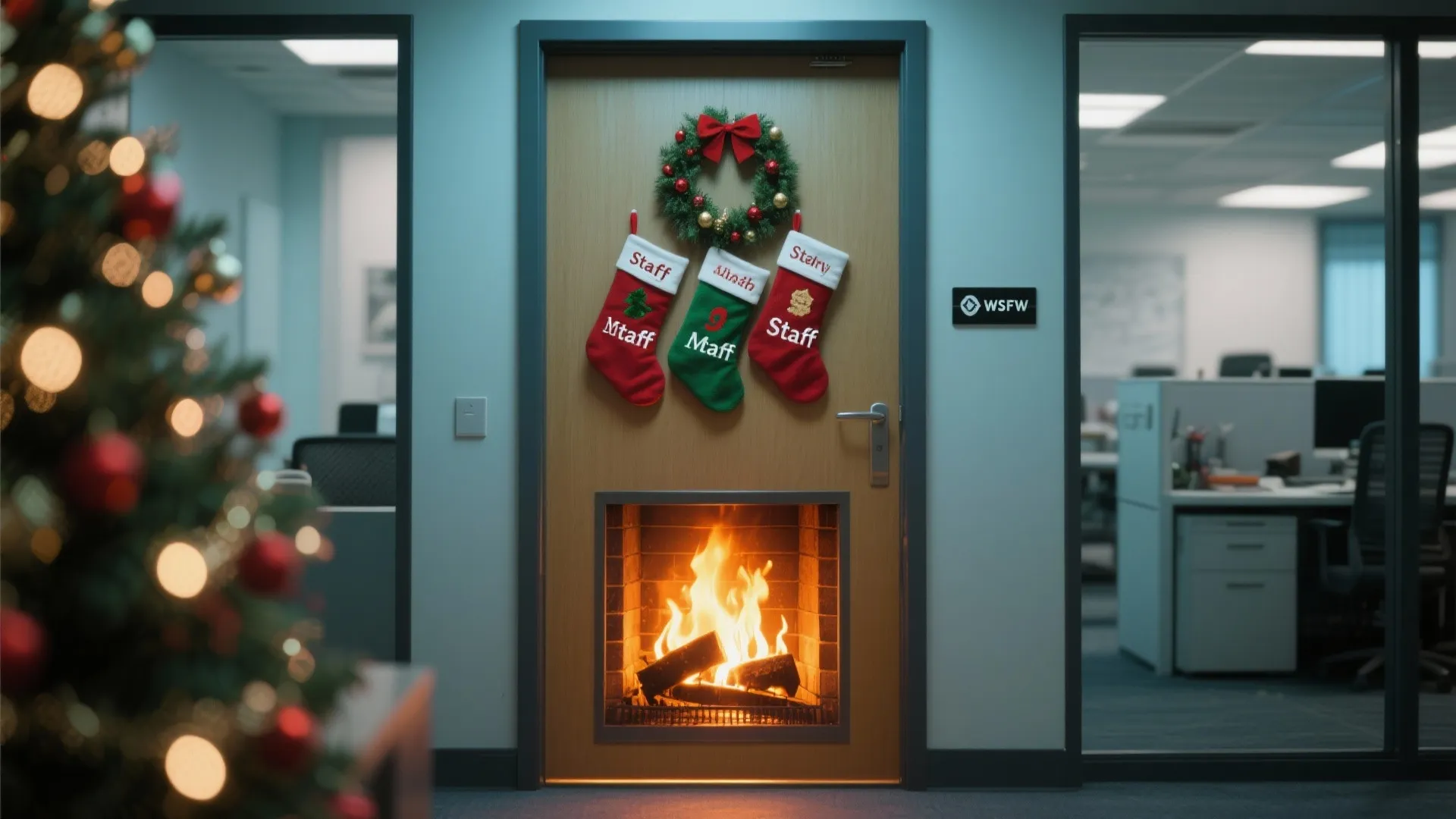 Office door decorated with Christmas stockings wreath and a fireplace sticker on the bottom half