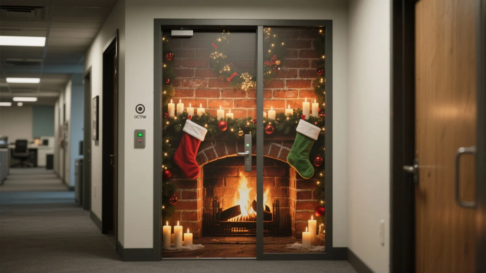 Office door with a Christmas fireplace wrap featuring red and green stockings and warm candles
