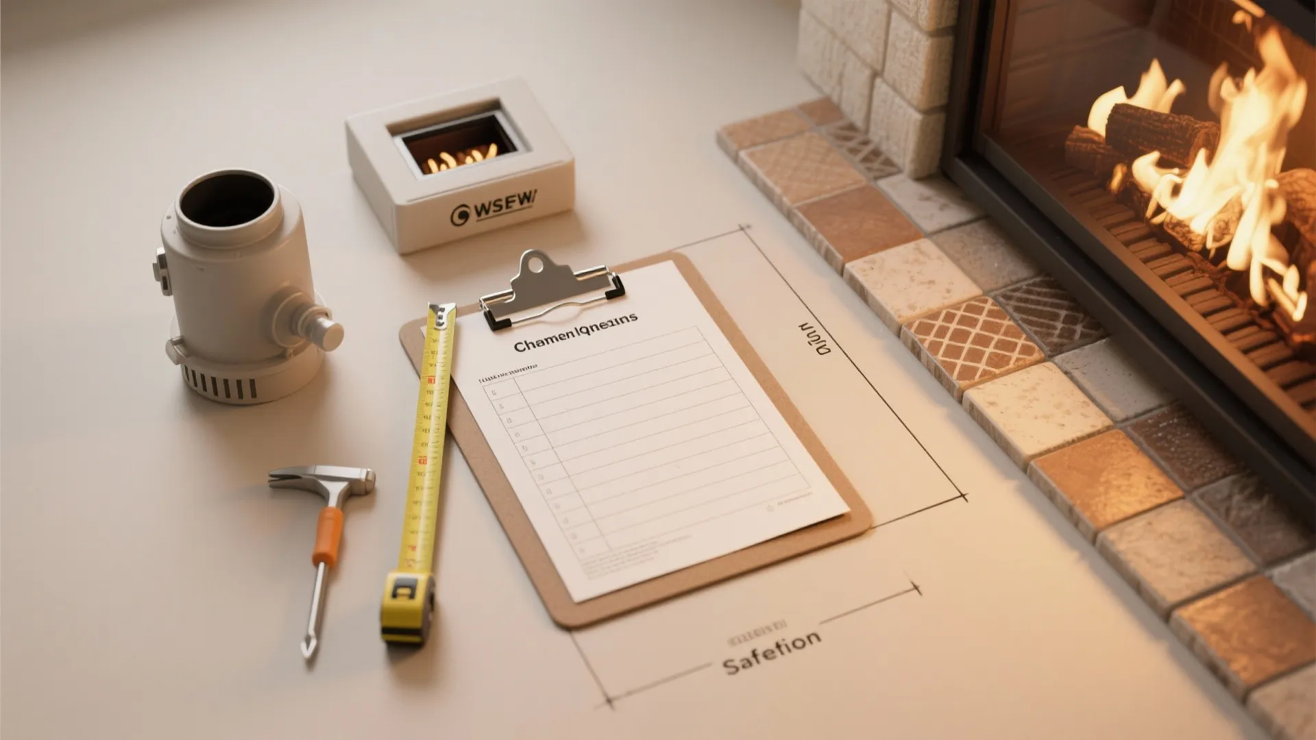 Clipboard with checklist and measuring tape placed on floor near a modern burning indoor fireplace