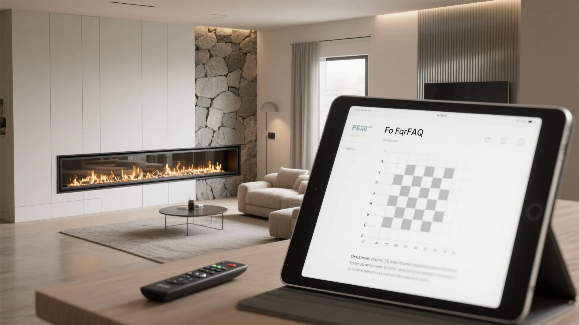 Modern living room with long fireplace tablet showing help guide remote control on wooden table