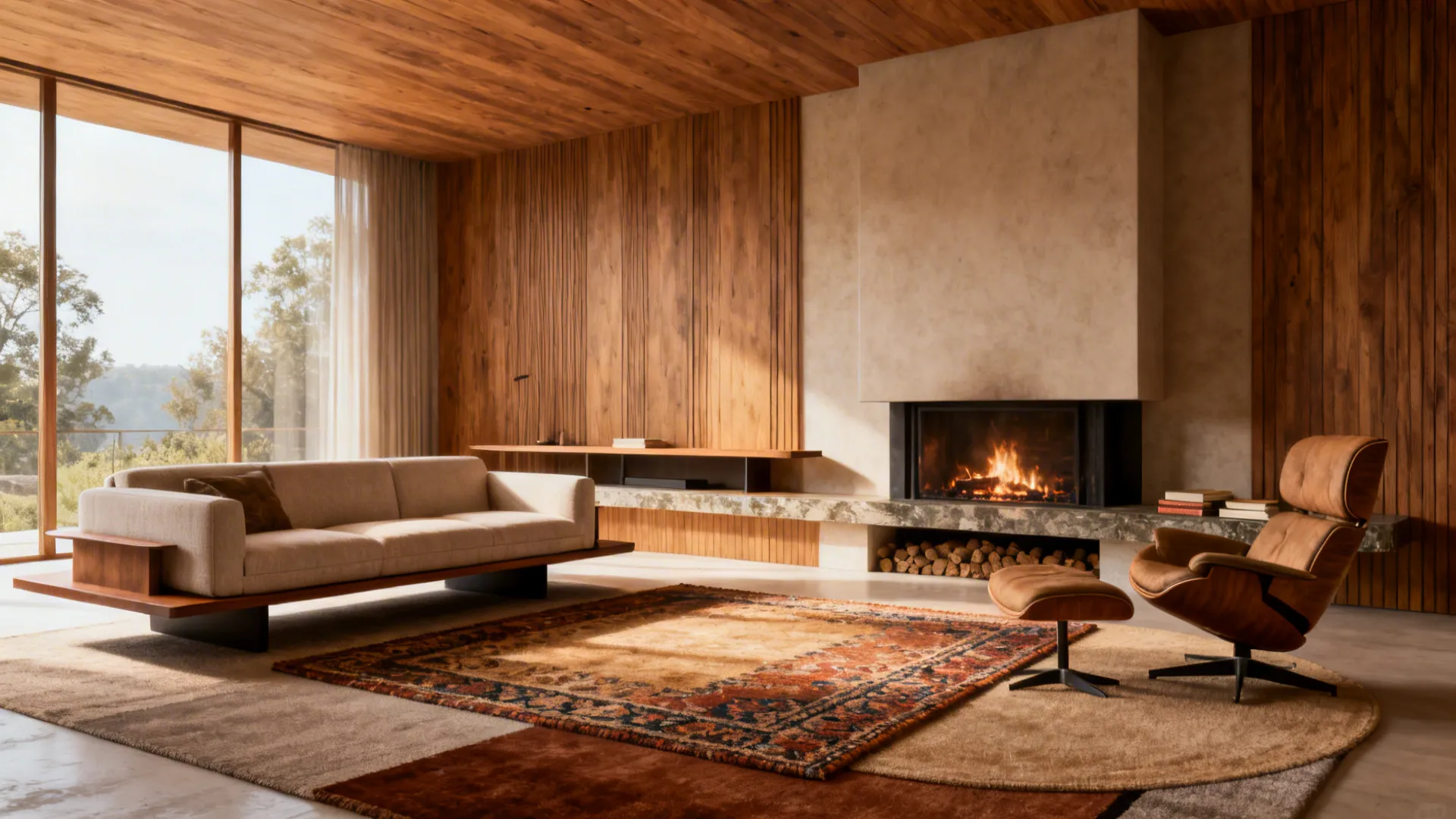 Modern living room with wood wall panel fireplace beige sofa brown chair footrest and rug