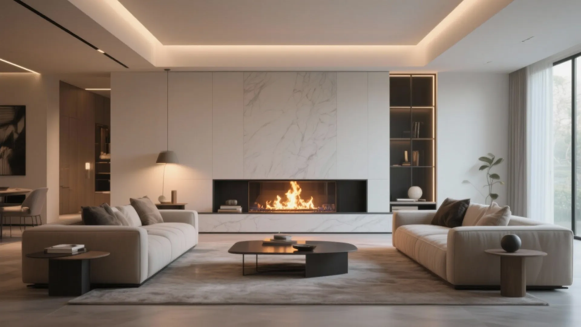 Modern living room with marble wall fireplace white sofas black coffee table and ceiling light