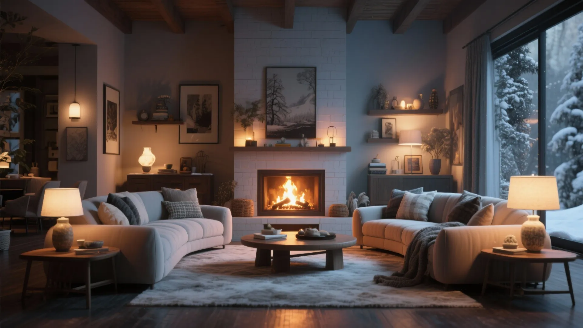 Living room with seating arranged around a fireplace