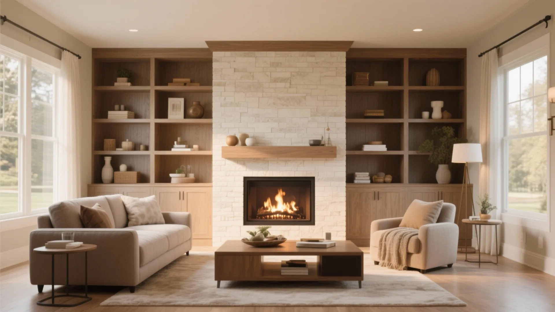 Living room with white stone fireplace surrounded by wooden wall shelves and soft grey sofa