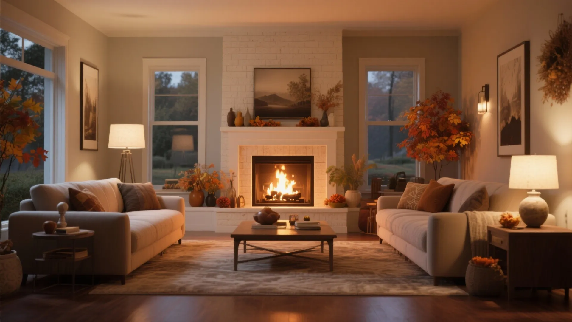 Cozy living room featuring white sofas a central fireplace warm lighting and orange autumn decorations