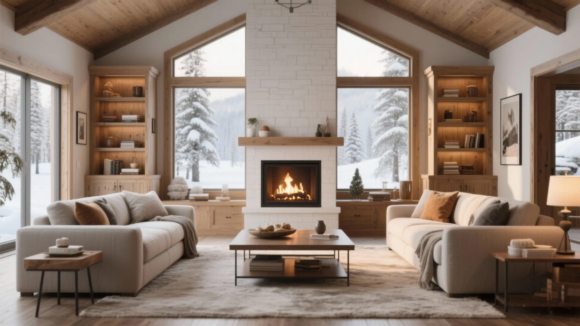 Cozy living room with white brick fireplace two cream sofas wooden bookshelves and snowy window view