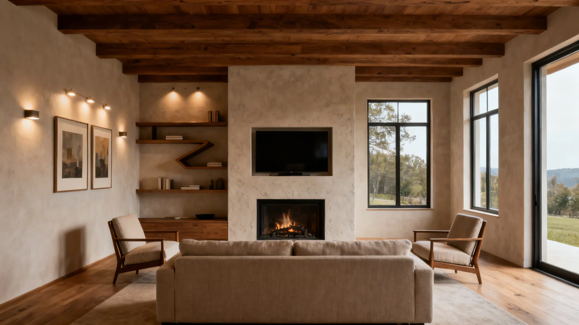 Living room anchored by a plaster fireplace wall with asymmetrical shelving and framed window view.
