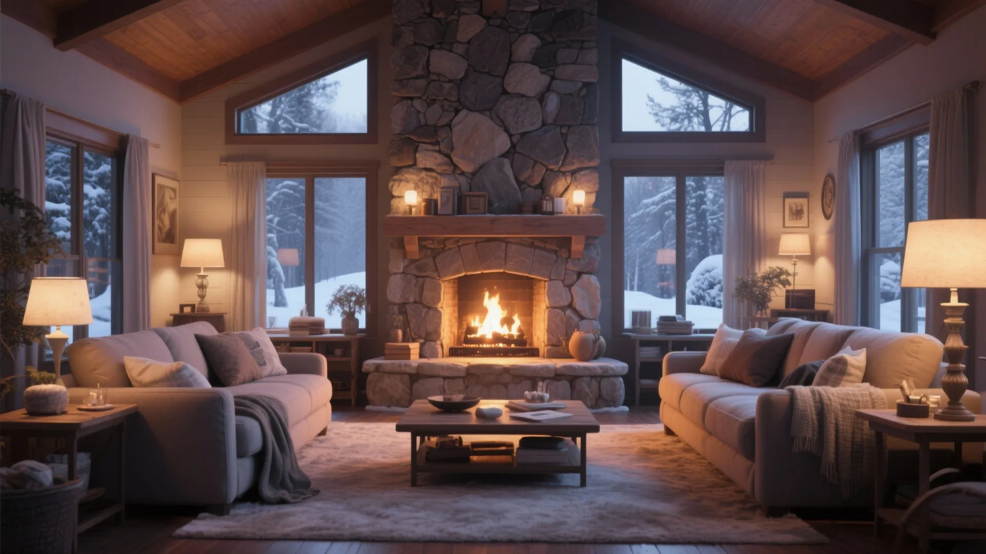 Stone fireplace with burning fire in cozy living room between two sofas and snowy windows