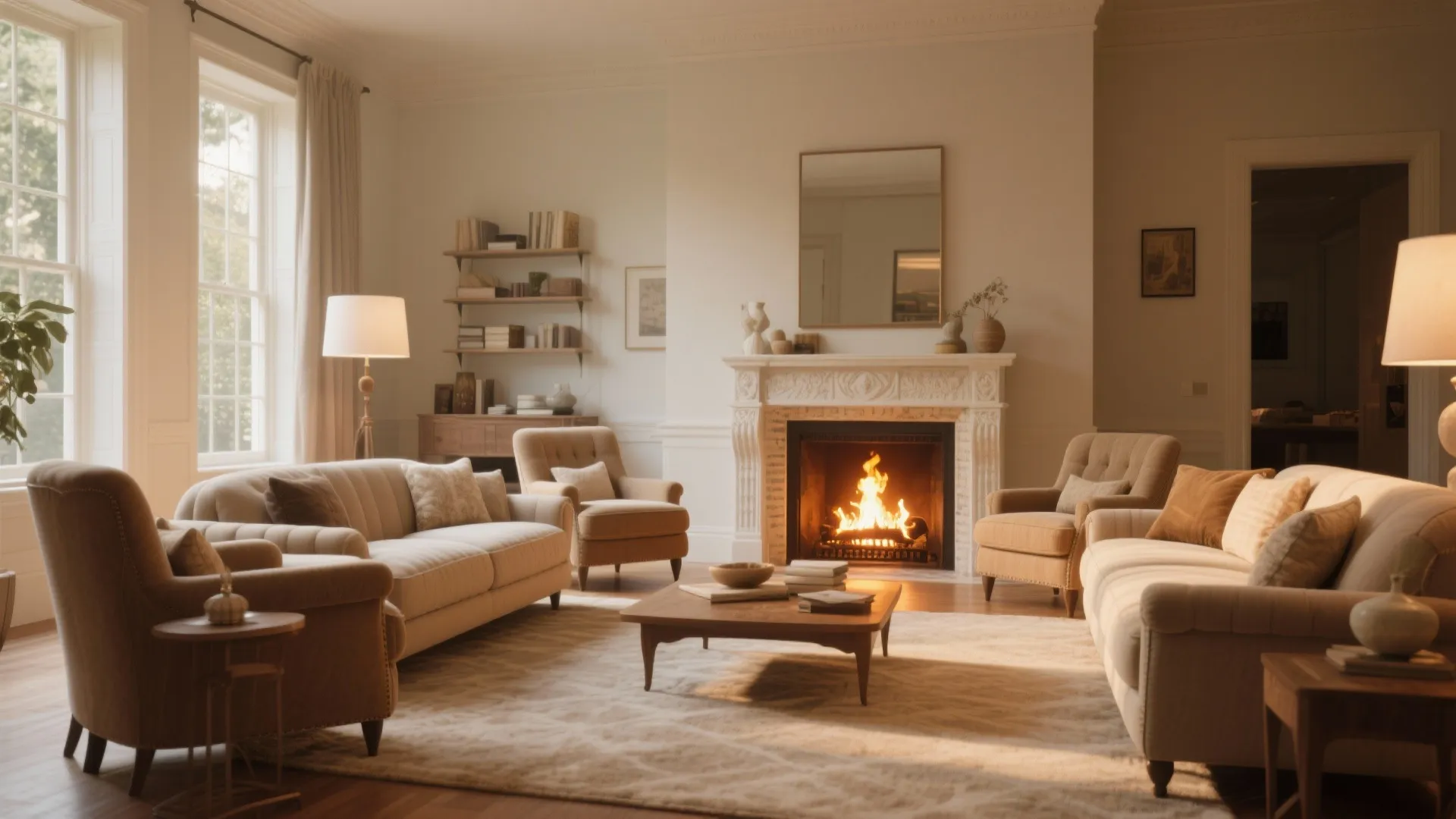 Traditional living room with white fireplace burning wood cream sofas wooden table and floor lamp