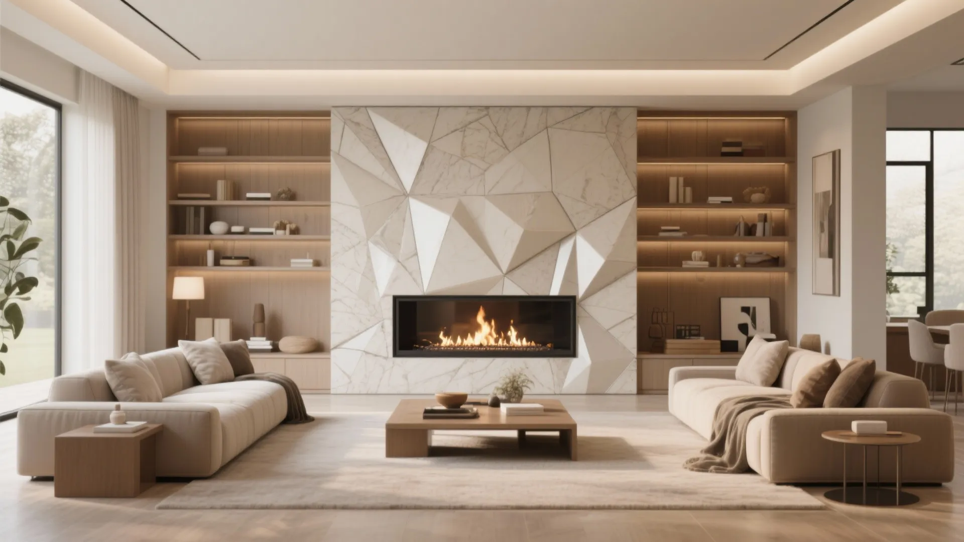 Modern living room featuring geometric stone wall fireplace with wooden shelves and two beige sofas