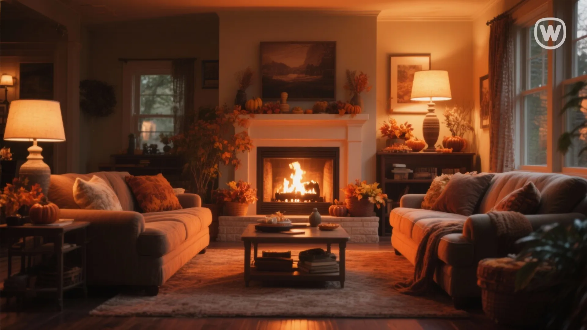 Living room with warm fireplace and two sofas and floor lamps in an autumn theme
