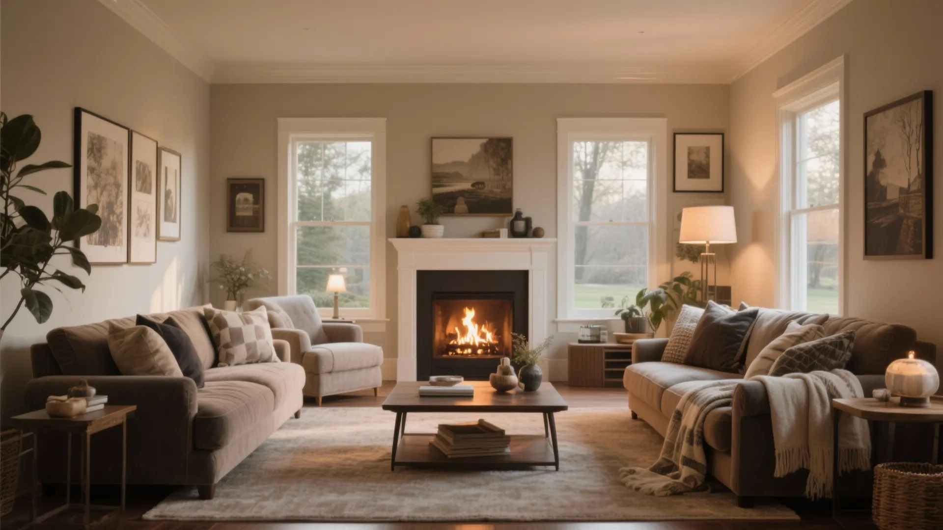 Cozy living room with burning fireplace, two brown sofas, wooden coffee table, and large windows