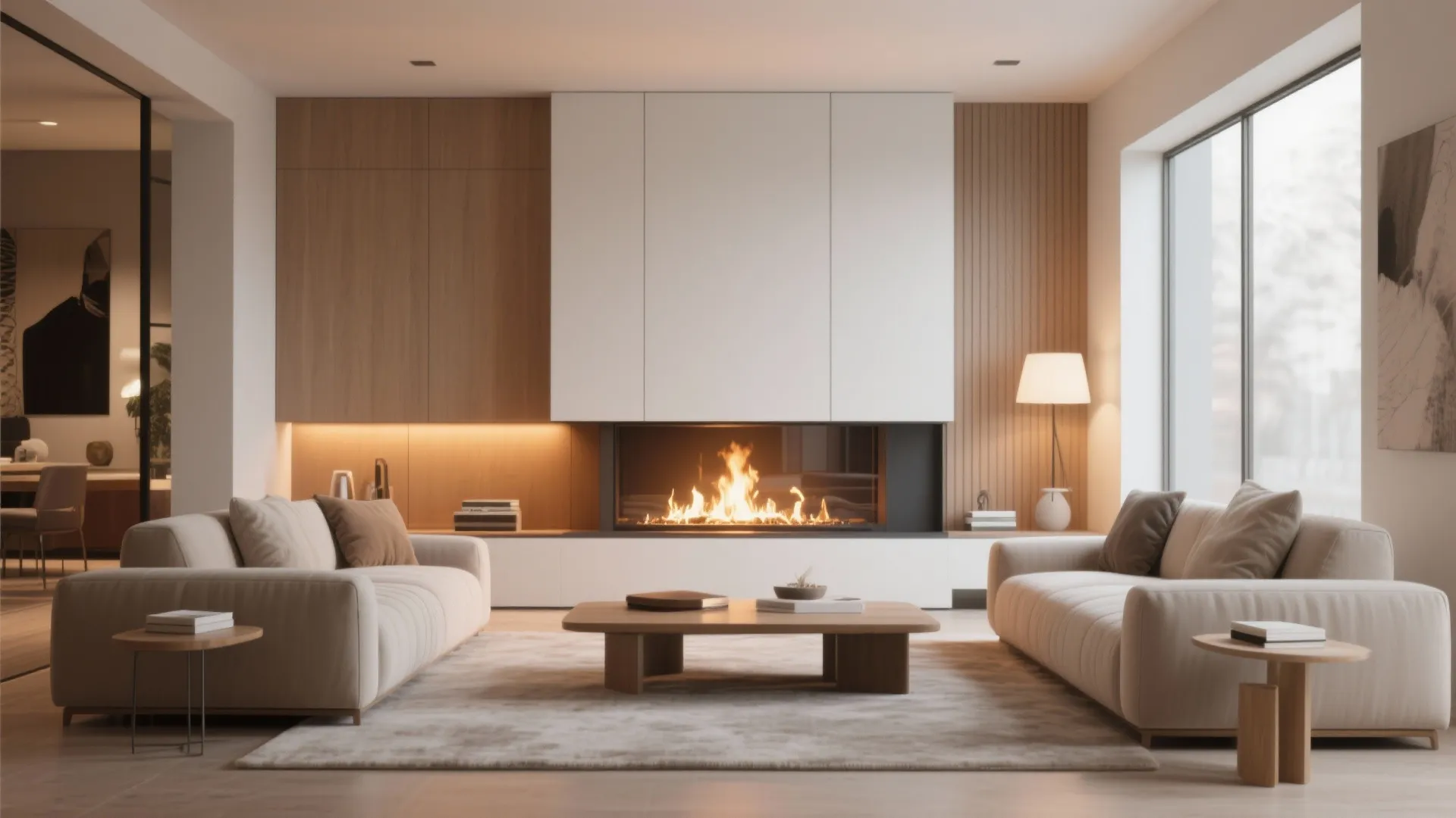 Warm living room with white sofas and a modern fireplace built into a wood wall panel
