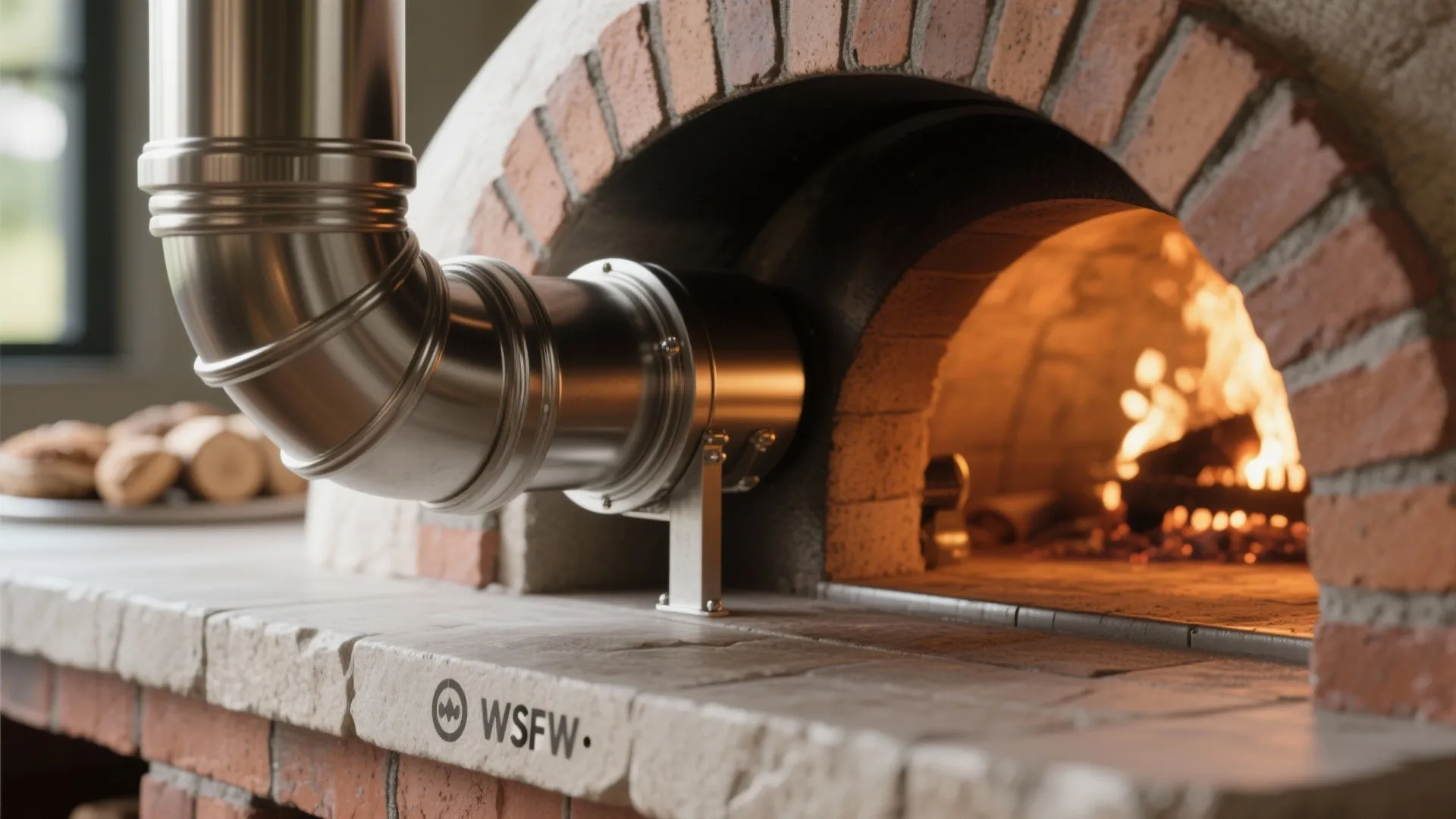 4. Fireplace-Centered Kitchen with Proper Ventilation