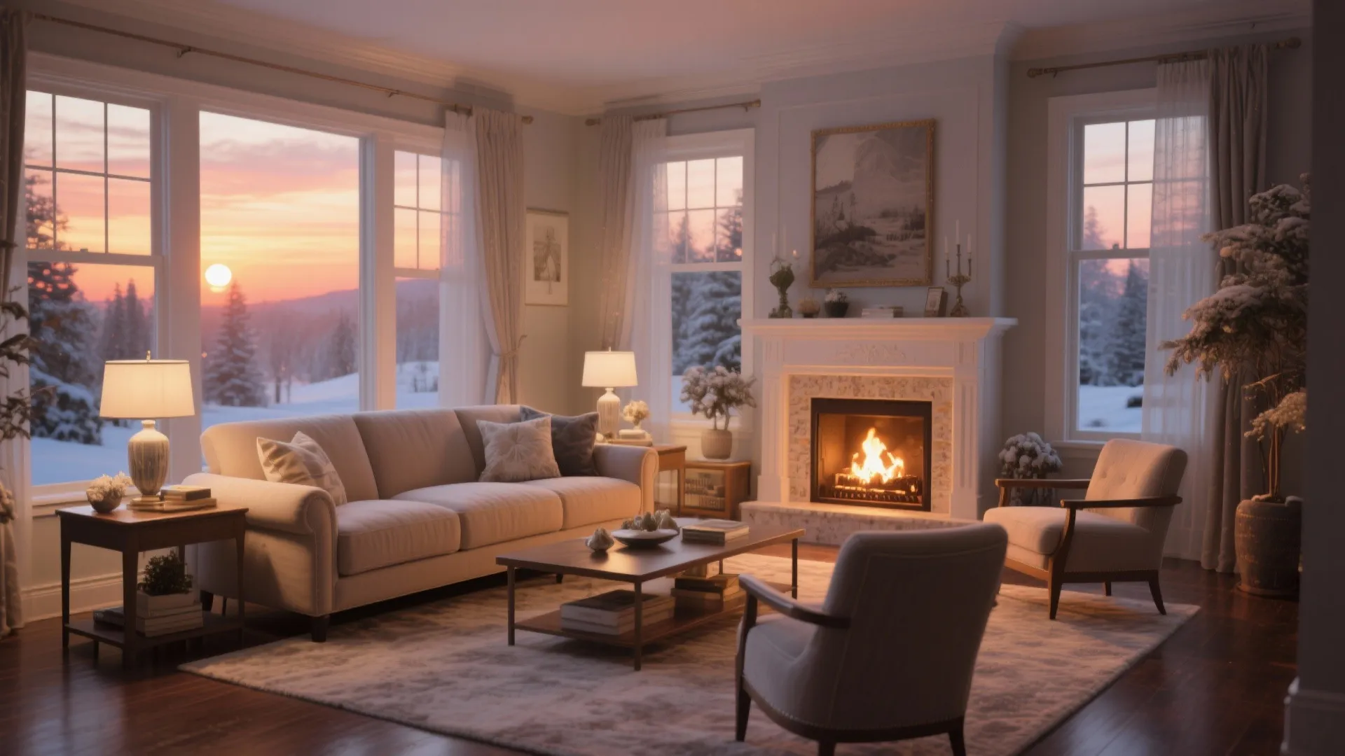 Warm living room featuring a white fireplace with burning fire plus a sofa and sunset