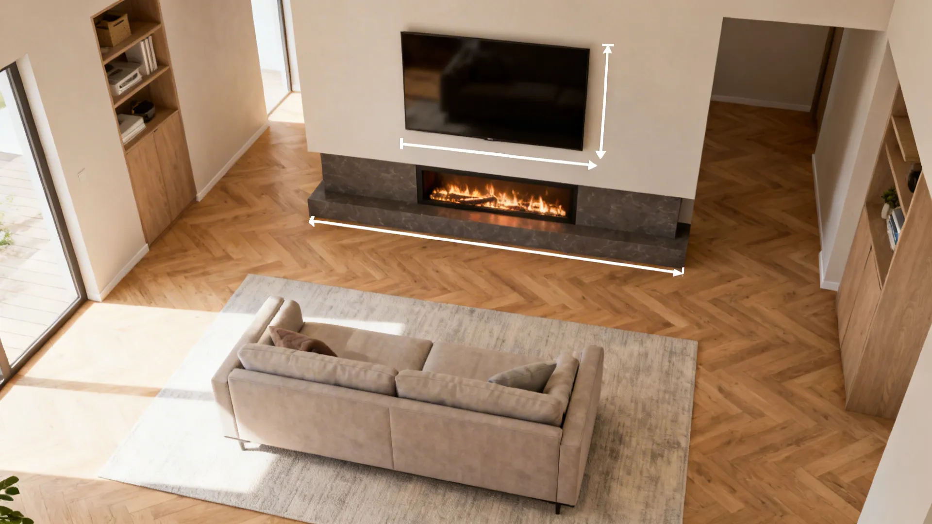 Top-down view of a living room plan with sofa facing a TV over a low fireplace.