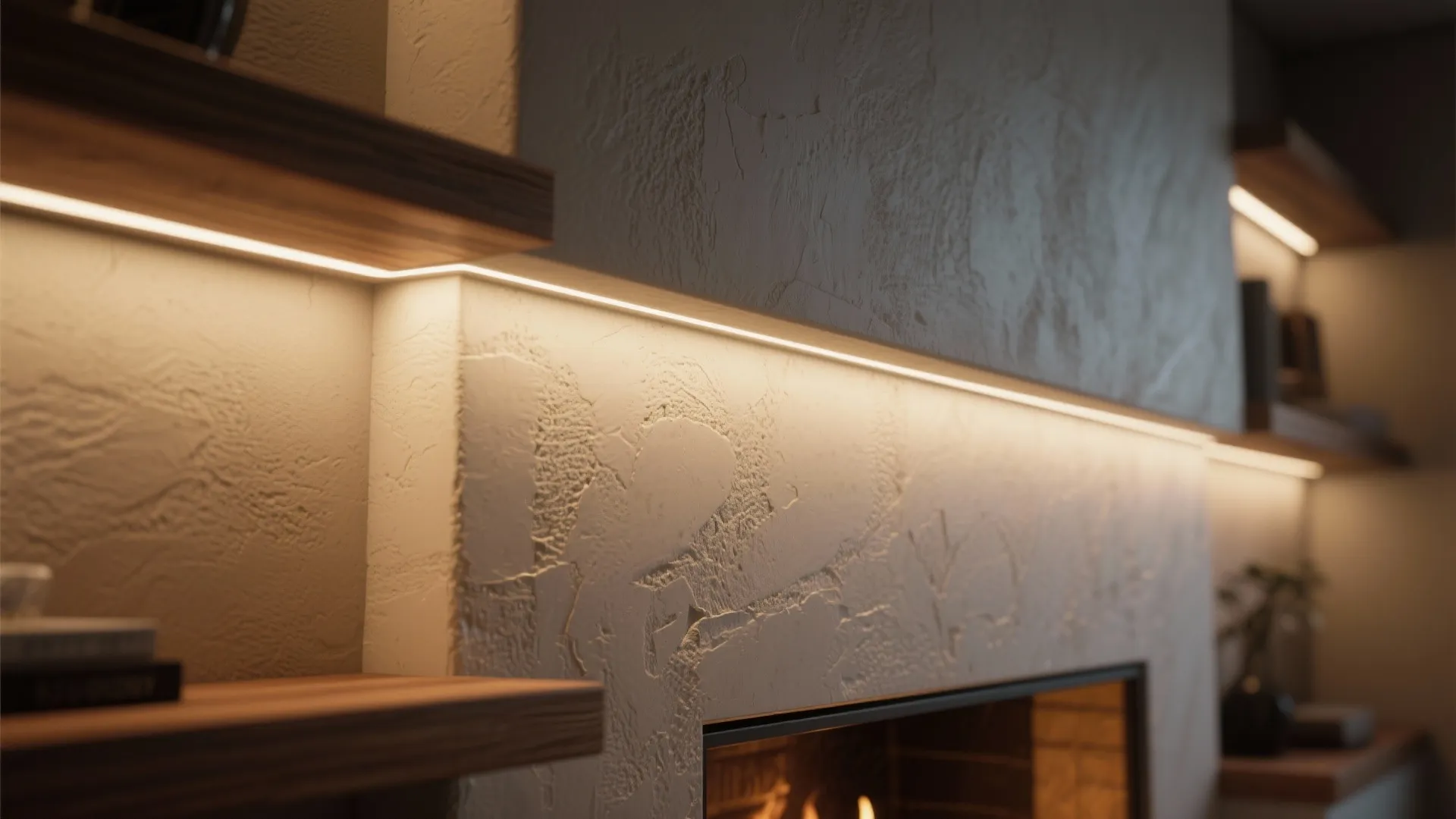 Close up of textured white wall with hidden light strips under wooden shelves above fireplace
