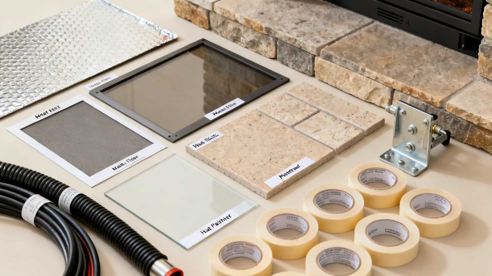 Flat-lay of heat shield, matte screen sample, stone tile, and tilting mount hardware.