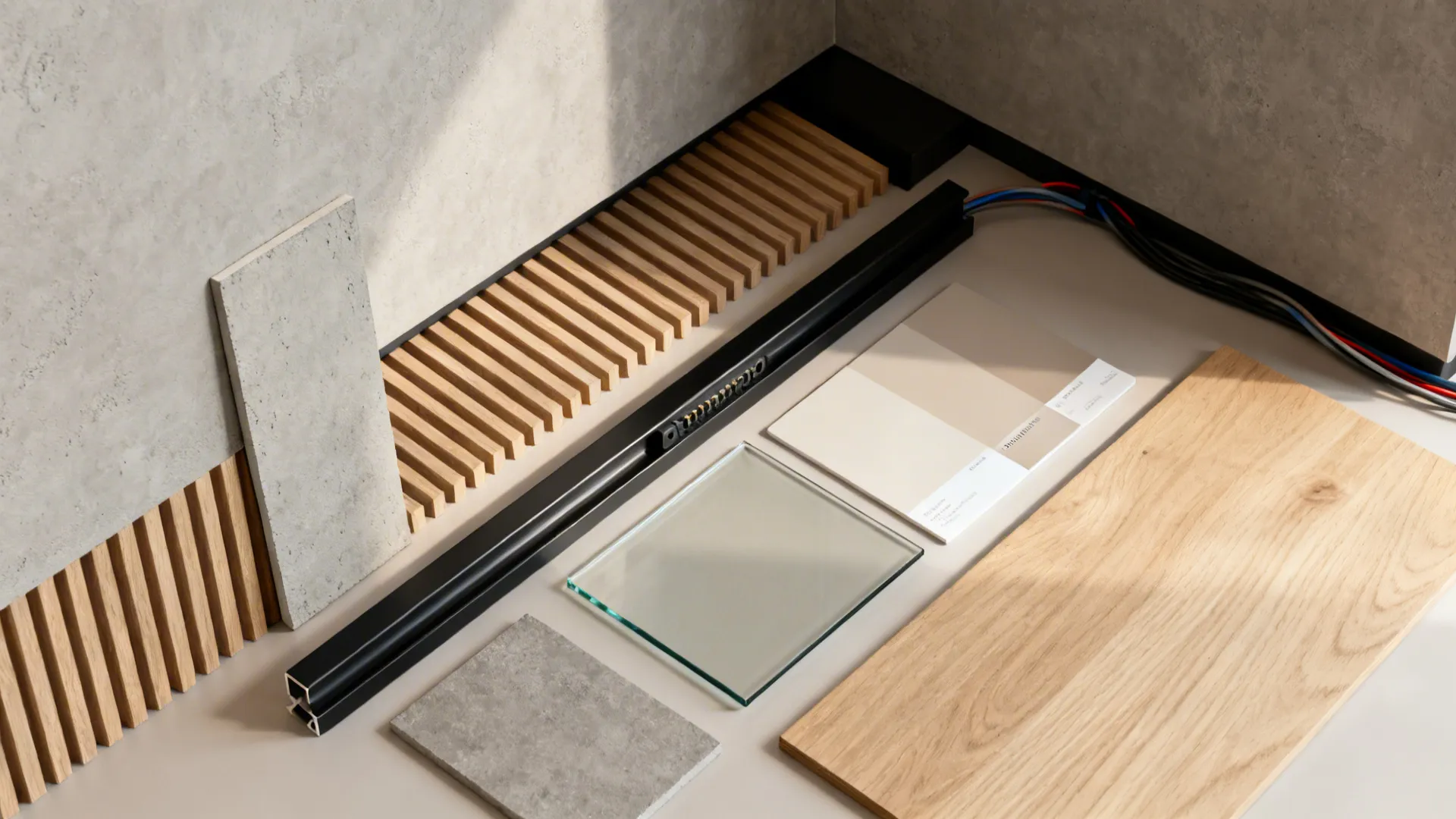 Flat lay of microcement, ribbed wood slats, metal trim, glass, and neutral paint swatches for a TV wall.