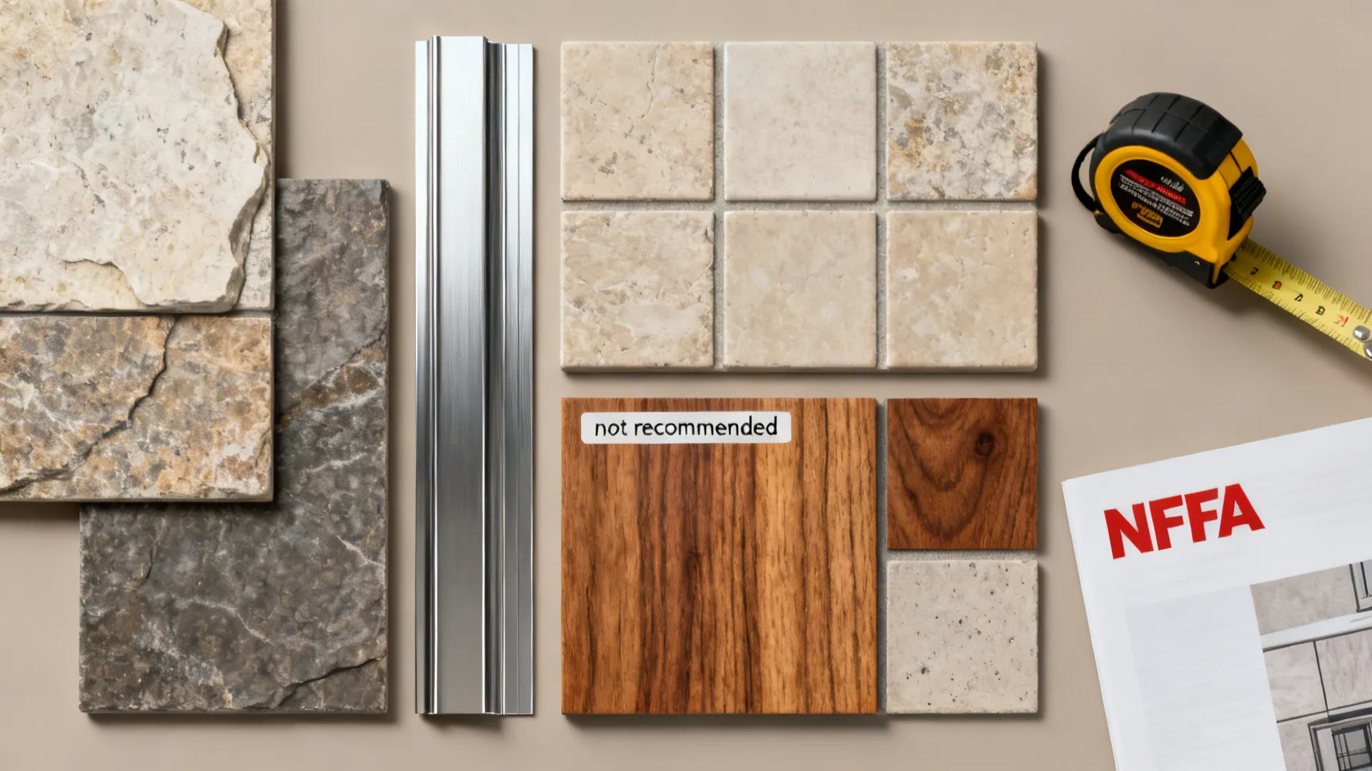 Flatlay of heat-safe material samples and measurement tools for fireplace installation