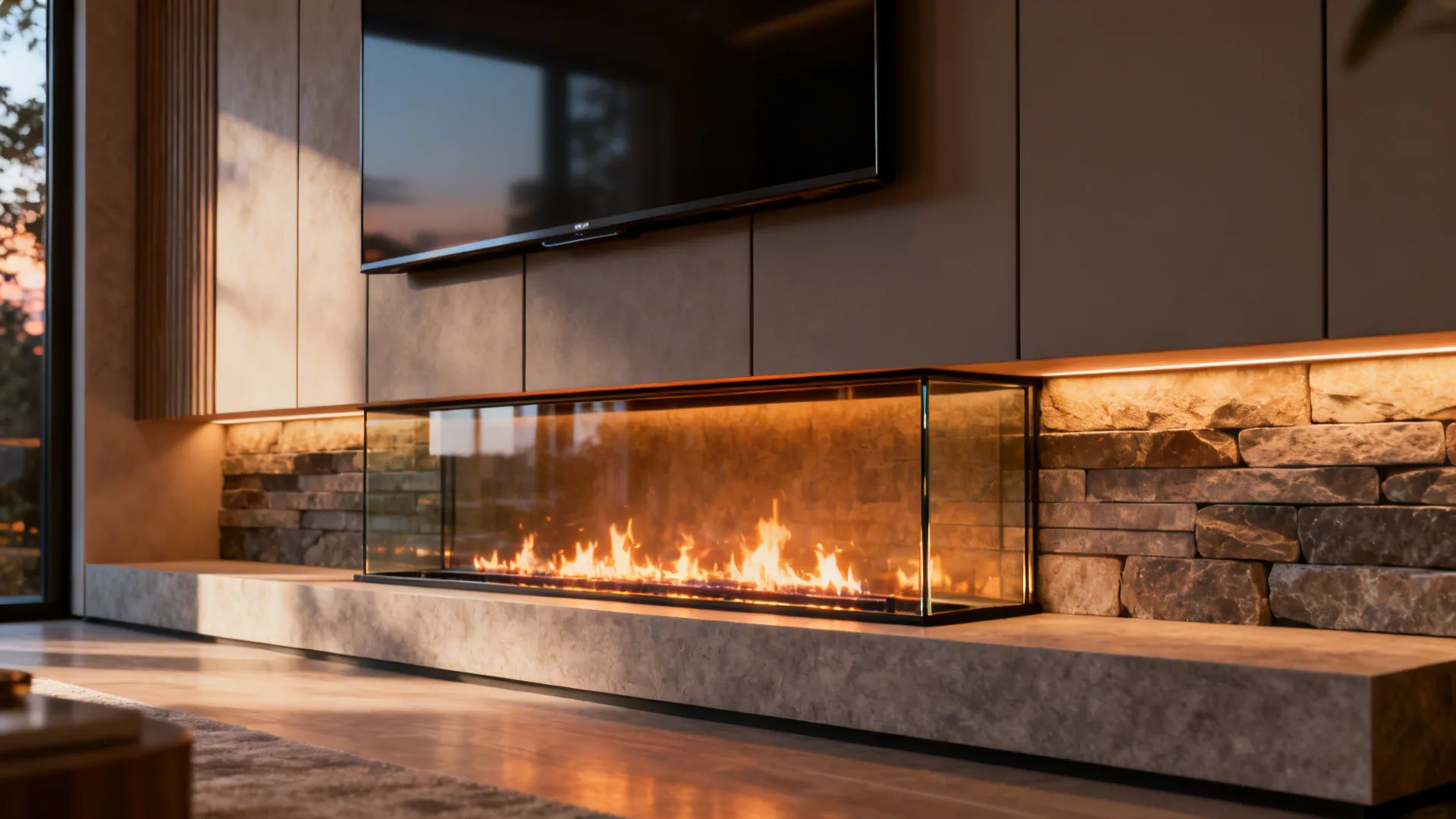 Entertainment wall with a linear fireplace beneath a mounted TV and heat-safe cladding.